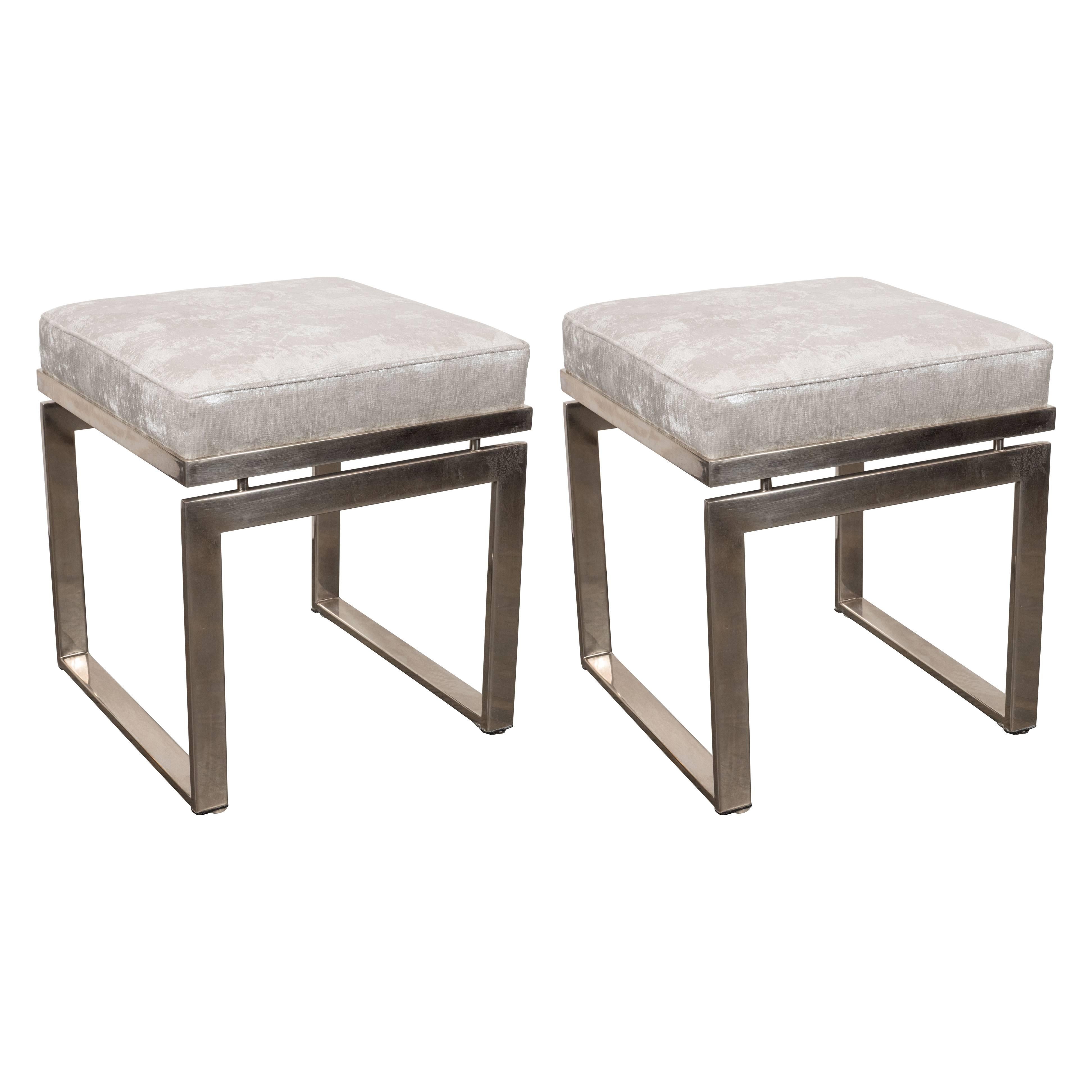 Pair of Mid-Century Modernist Chrome Stools with Textured Metallic Upholstery