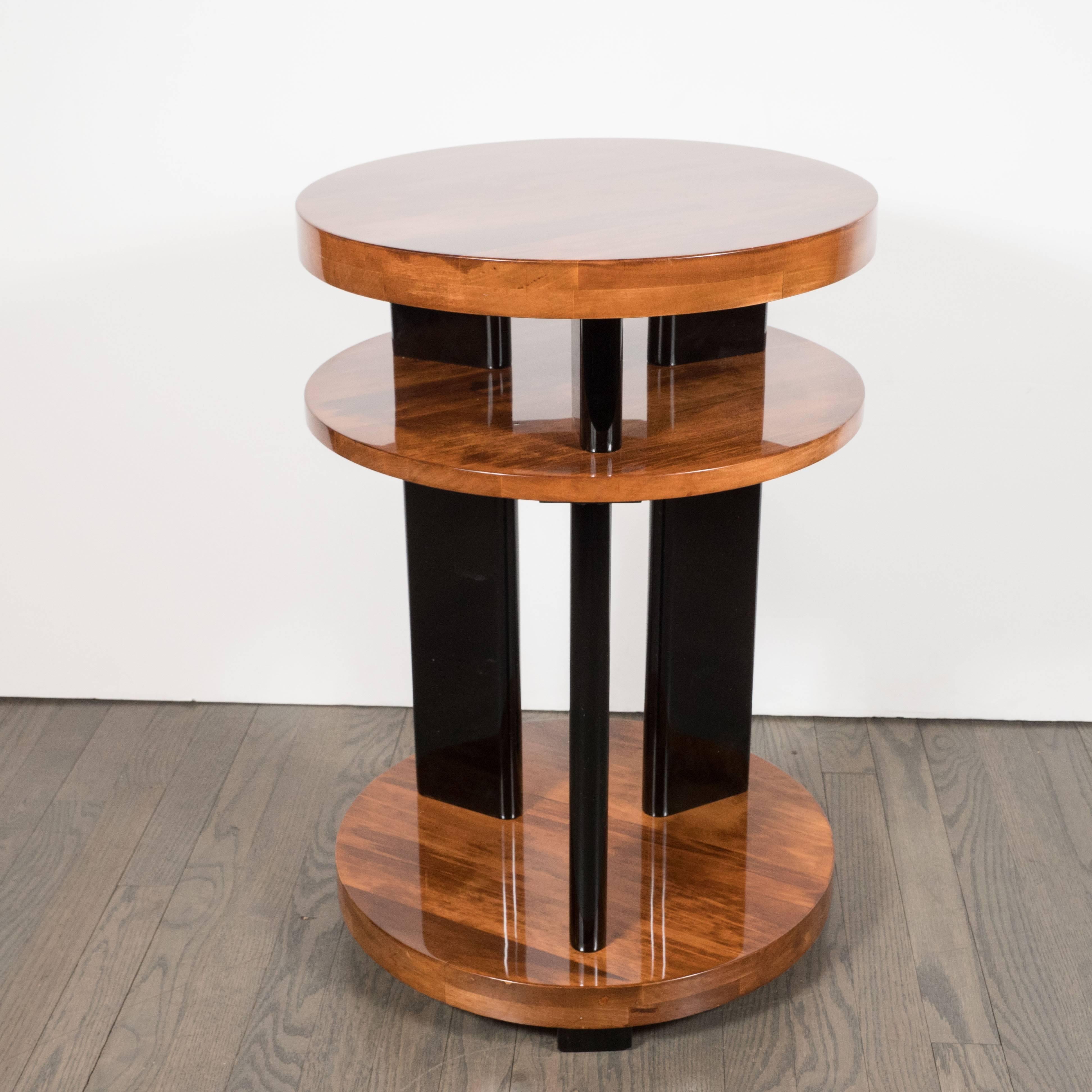 American Art Deco Three-Tiered Black Lacquer and Bookmatched Walnut Occasional Table