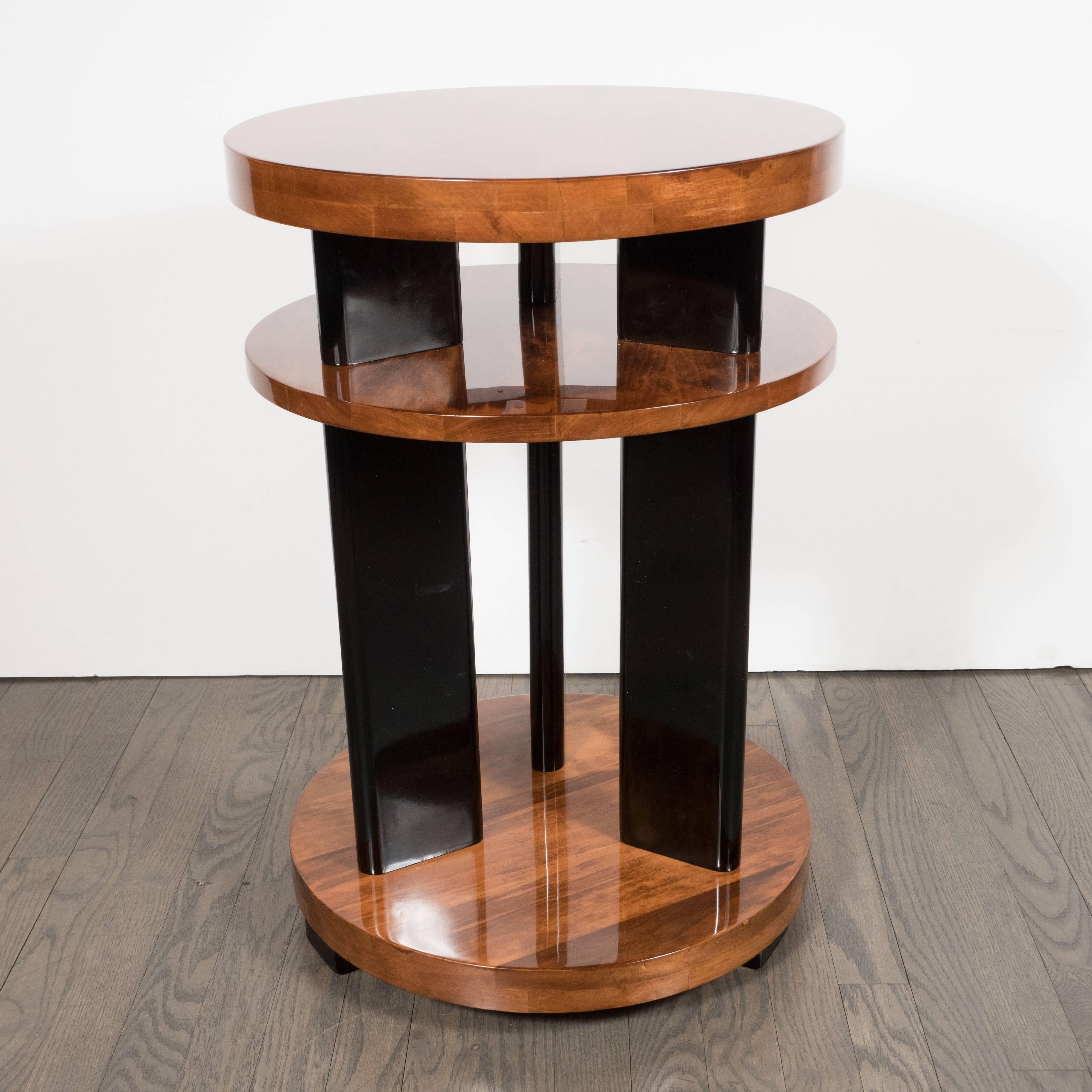 Mid-20th Century Art Deco Three-Tiered Black Lacquer and Bookmatched Walnut Occasional Table