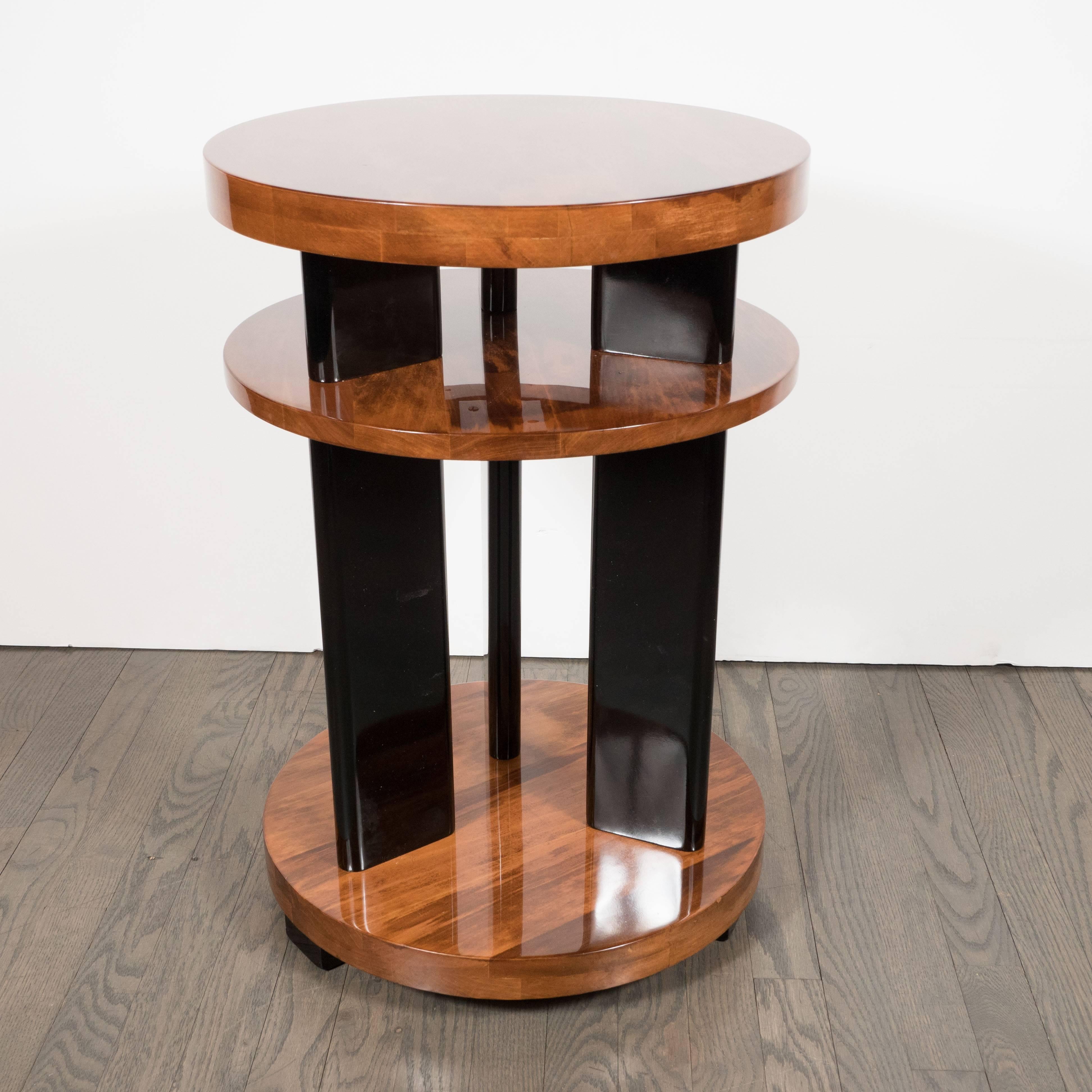 Art Deco Three-Tiered Black Lacquer and Bookmatched Walnut Occasional Table In Excellent Condition In New York, NY