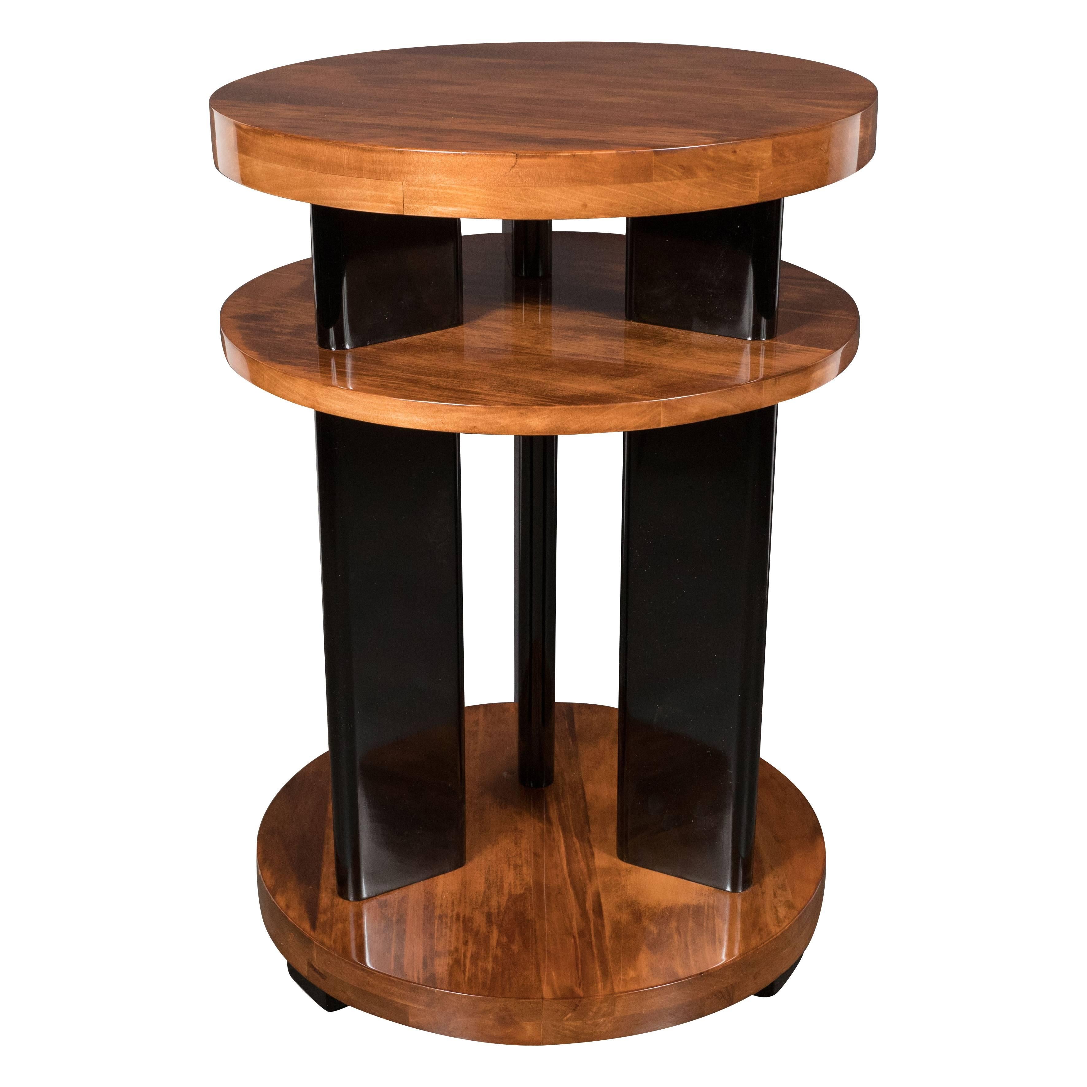 Art Deco Three-Tiered Black Lacquer and Bookmatched Walnut Occasional Table