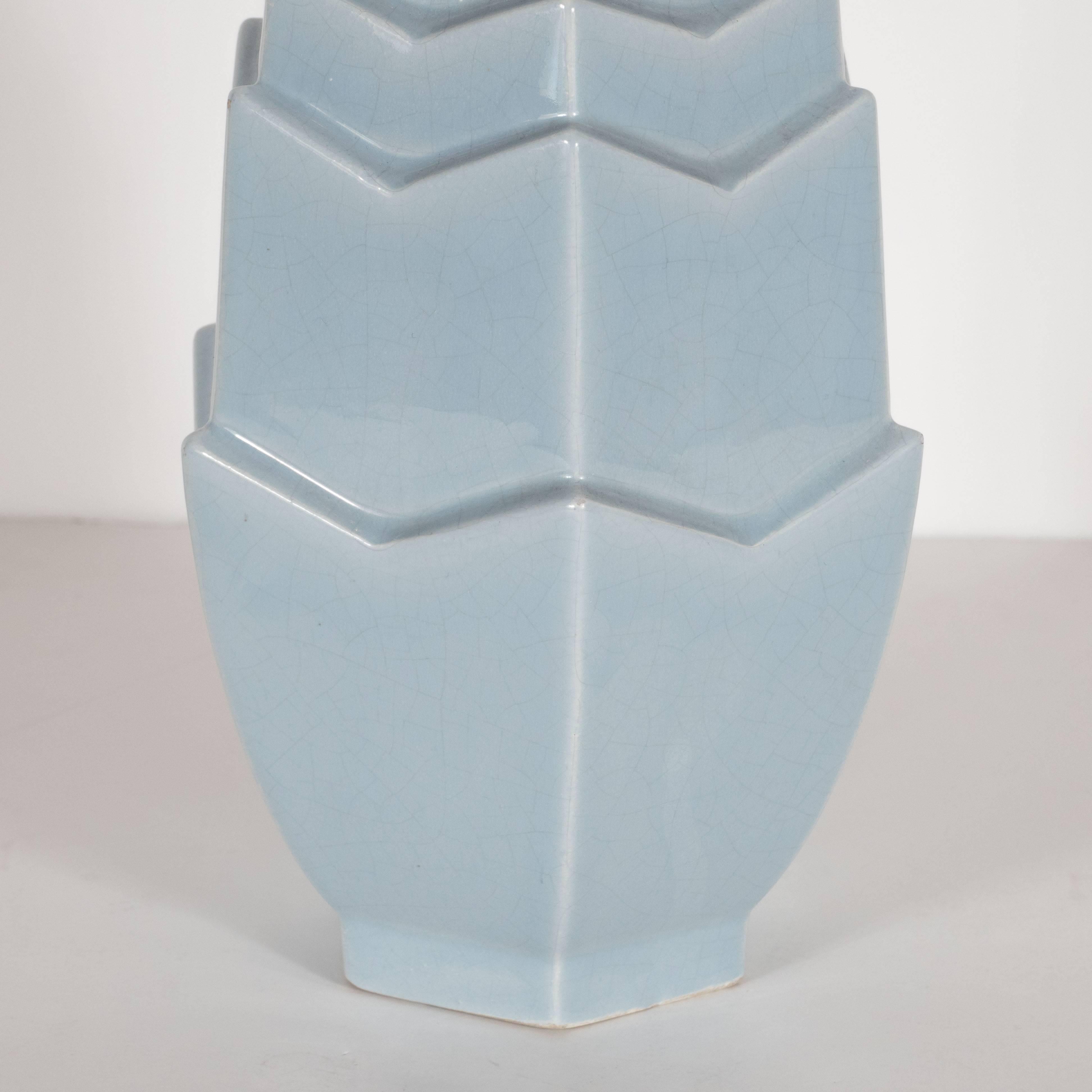 Mid-20th Century French Saint Clement Art Deco Vase with Cornflower Blue Craqueleur Glaze