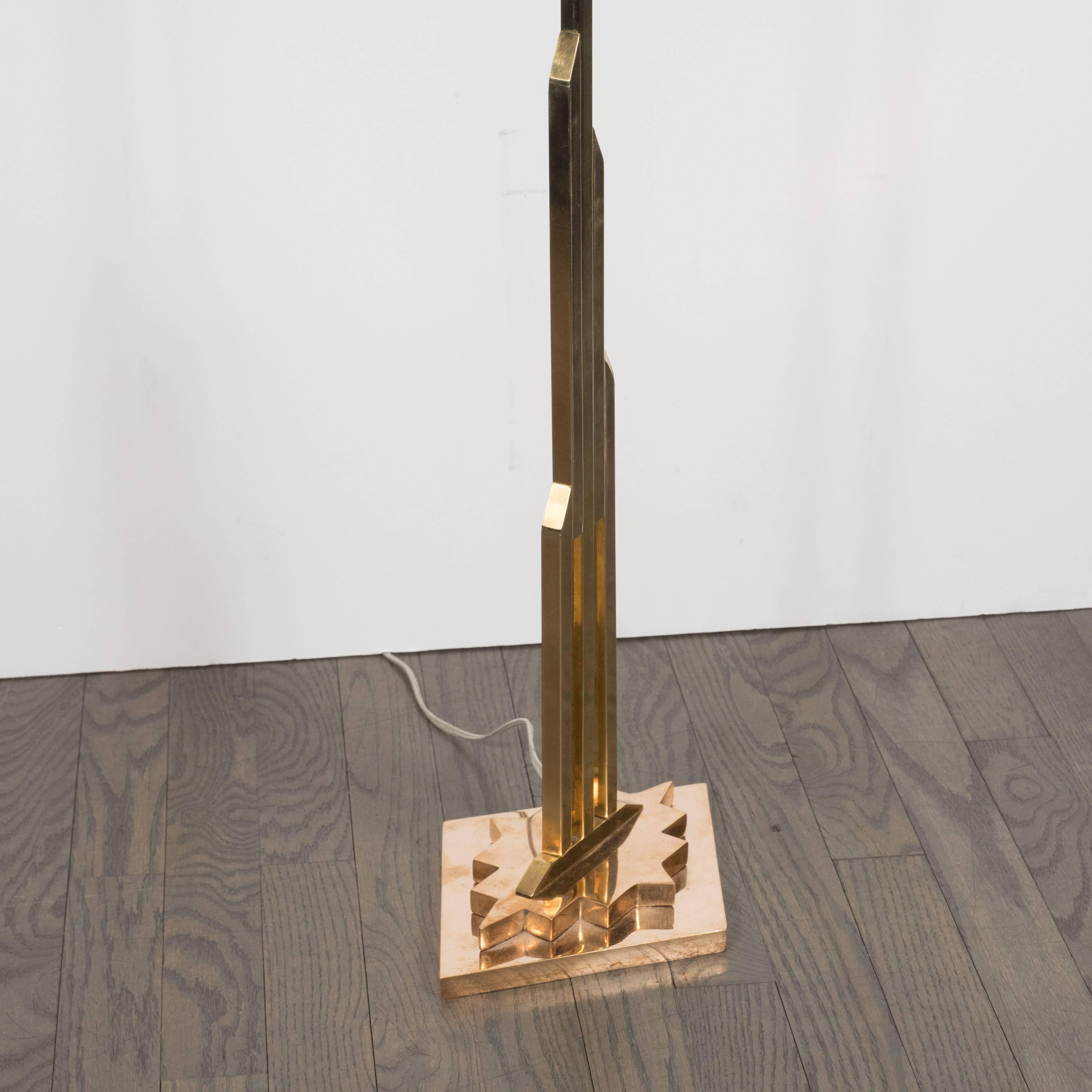 Mid-Century Modernist Floor Lamp in Polished Brass with Custom Lucite Shade For Sale 2