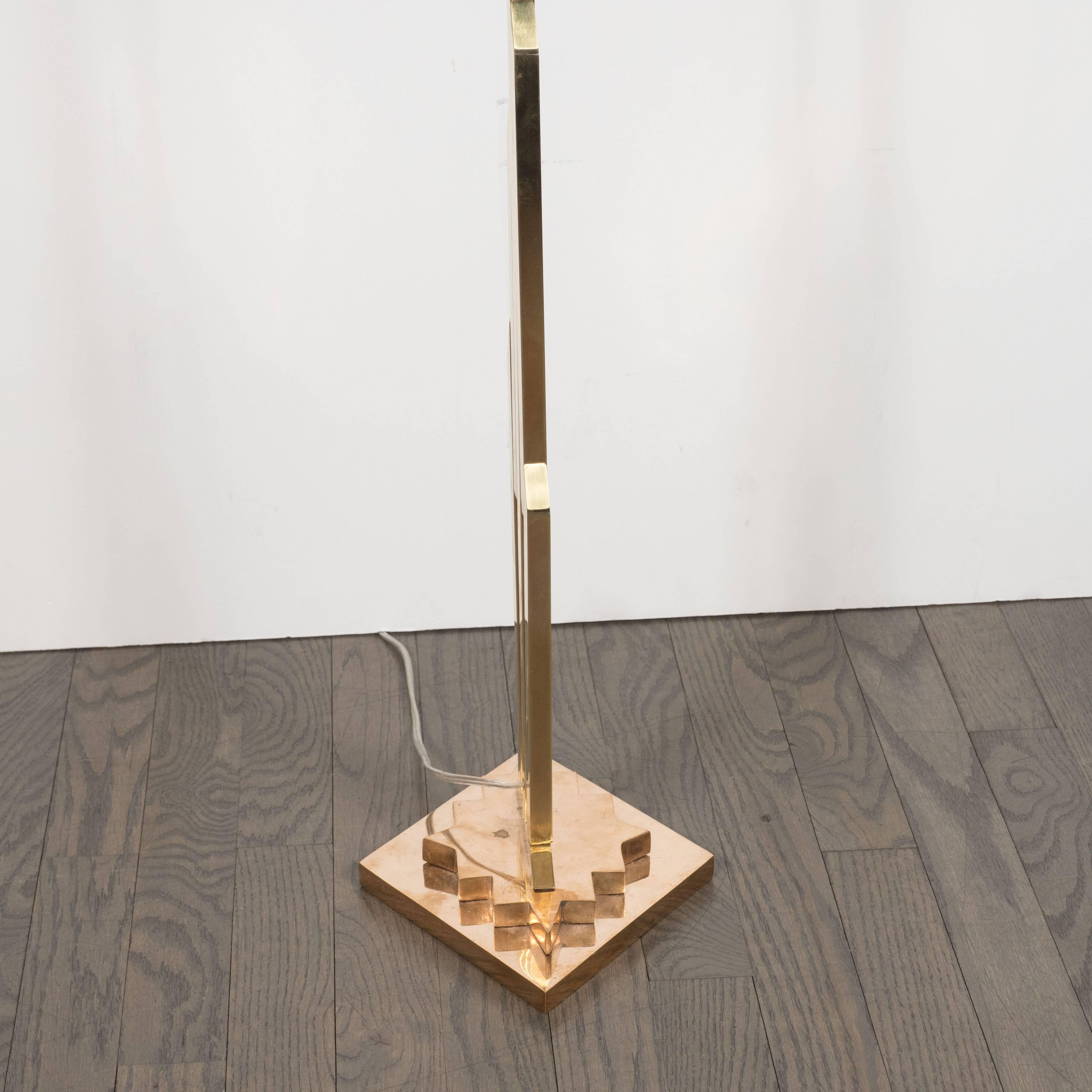 Mid-Century Modernist Floor Lamp in Polished Brass with Custom Lucite Shade For Sale 1