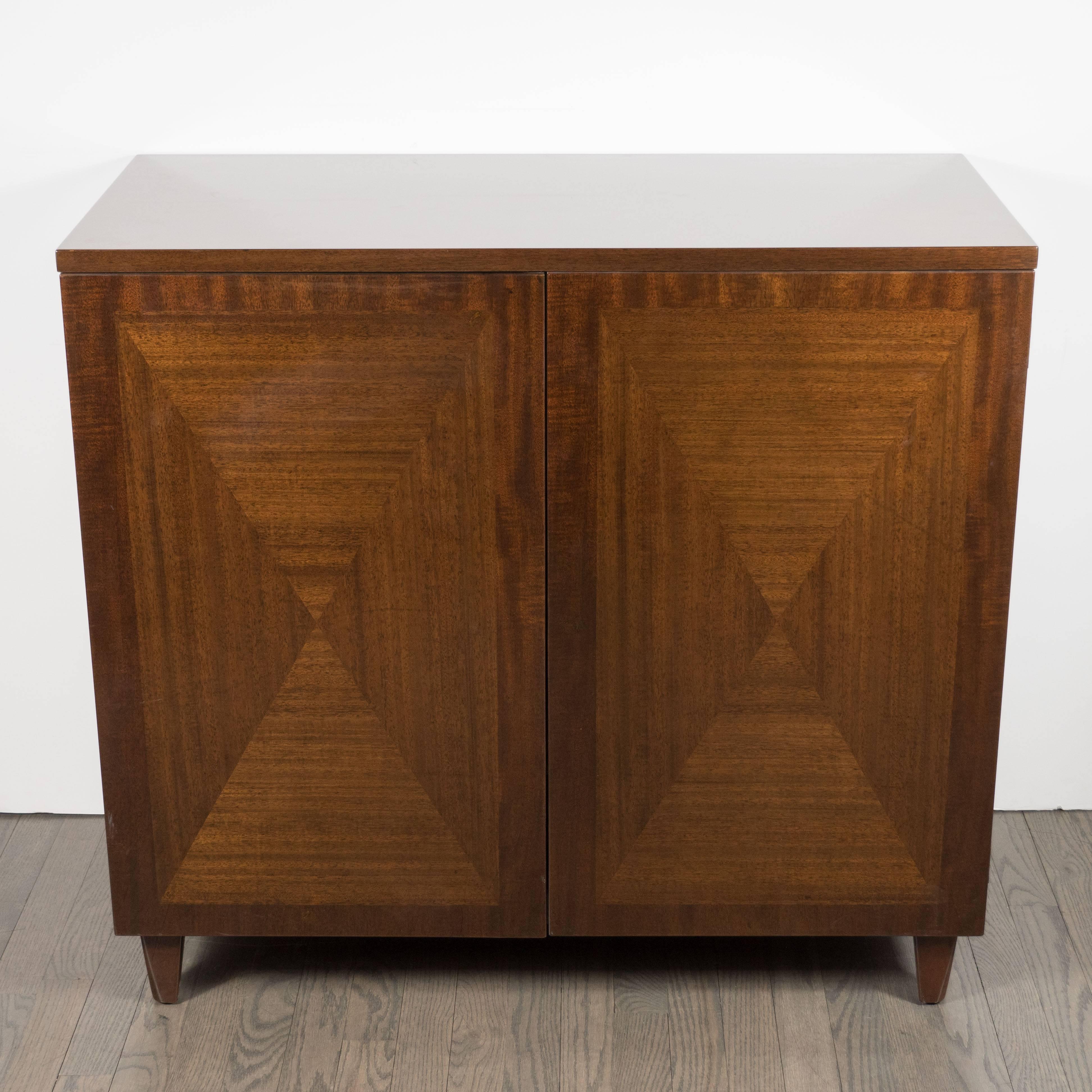 Brass Pair of Parqueted Book-Matched Walnut Cabinets by John Stuart Inc, circa 1960s