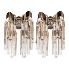 Mid-Century Modernist Chrome Sconces with Angular Crystal Pendants by Lobmeyr