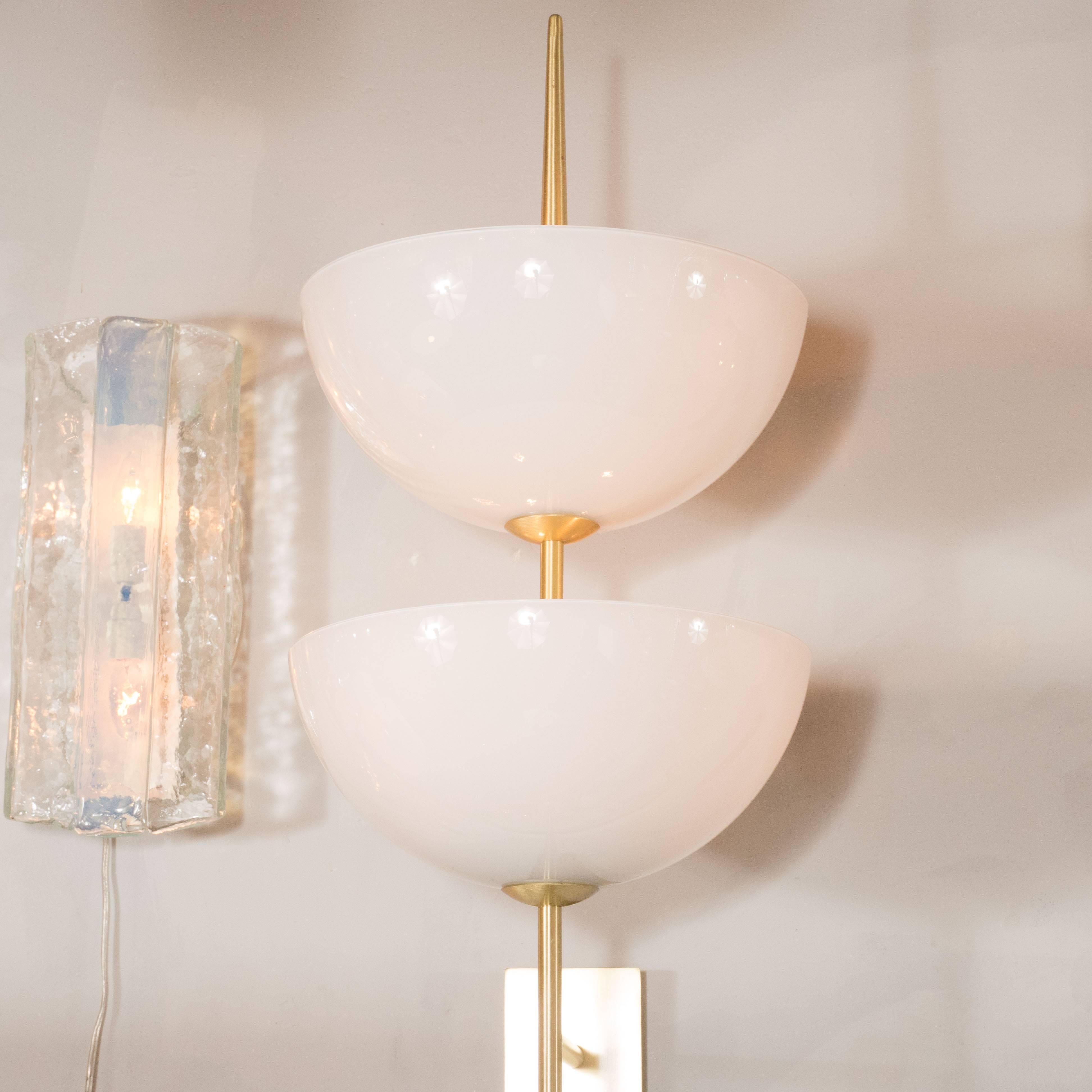 Italian Pair of Reverse-Dome Trophy Sconces in Murano Milk Glass and Brass For Sale