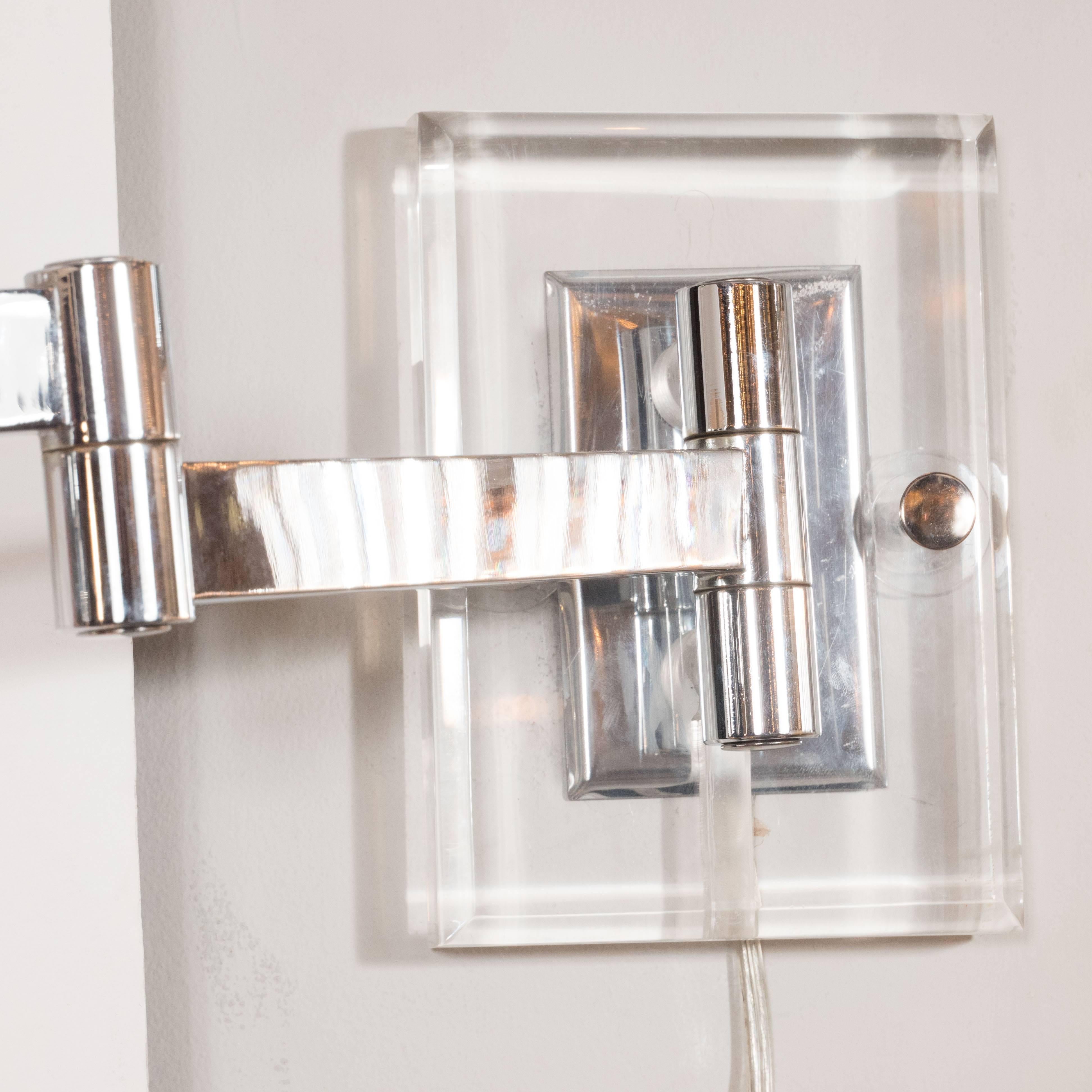 Mid-Century Modern Ultra Chic Mid-Century Adjustable Swing-Arm Sconces in Chrome and Lucite