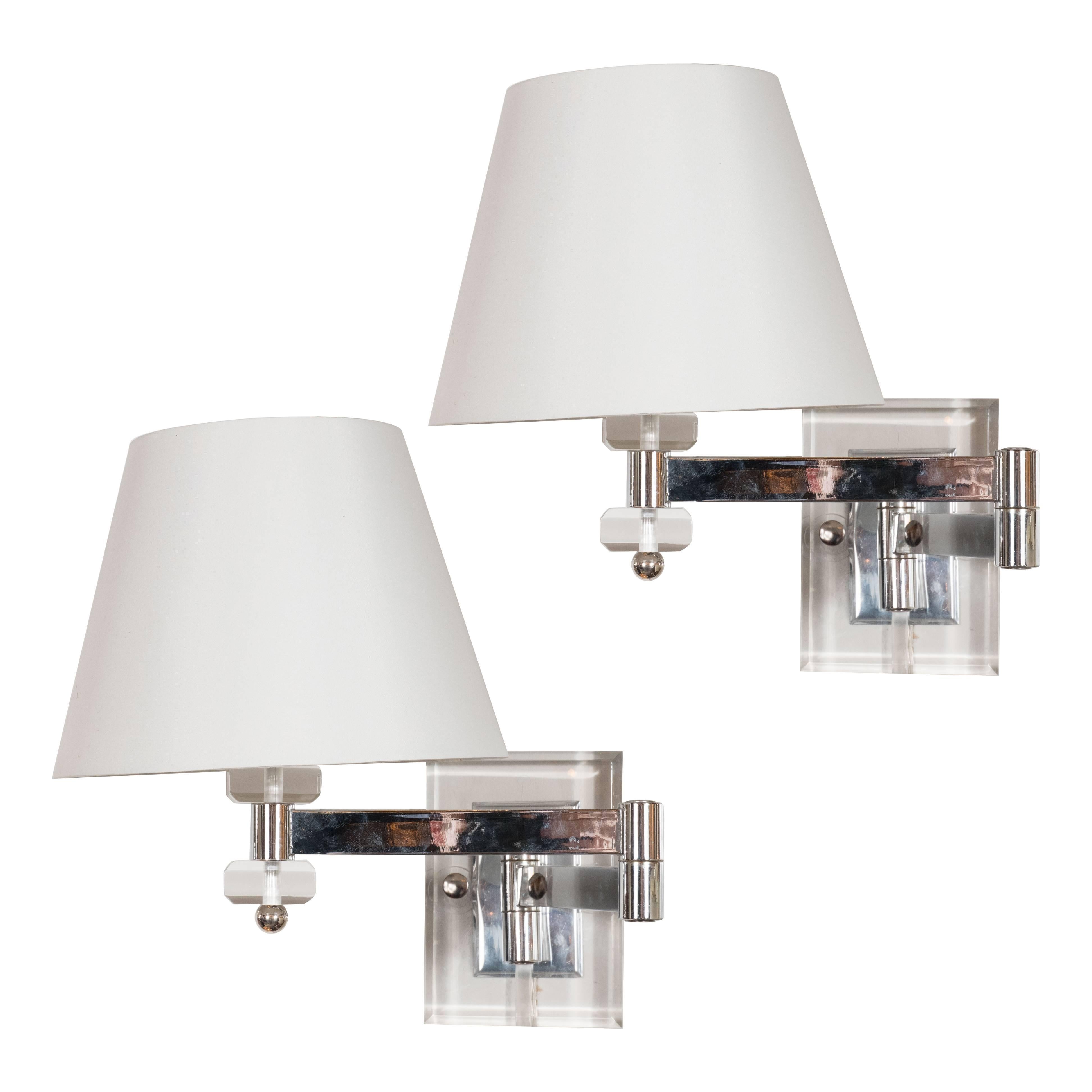 Ultra Chic Mid-Century Adjustable Swing-Arm Sconces in Chrome and Lucite