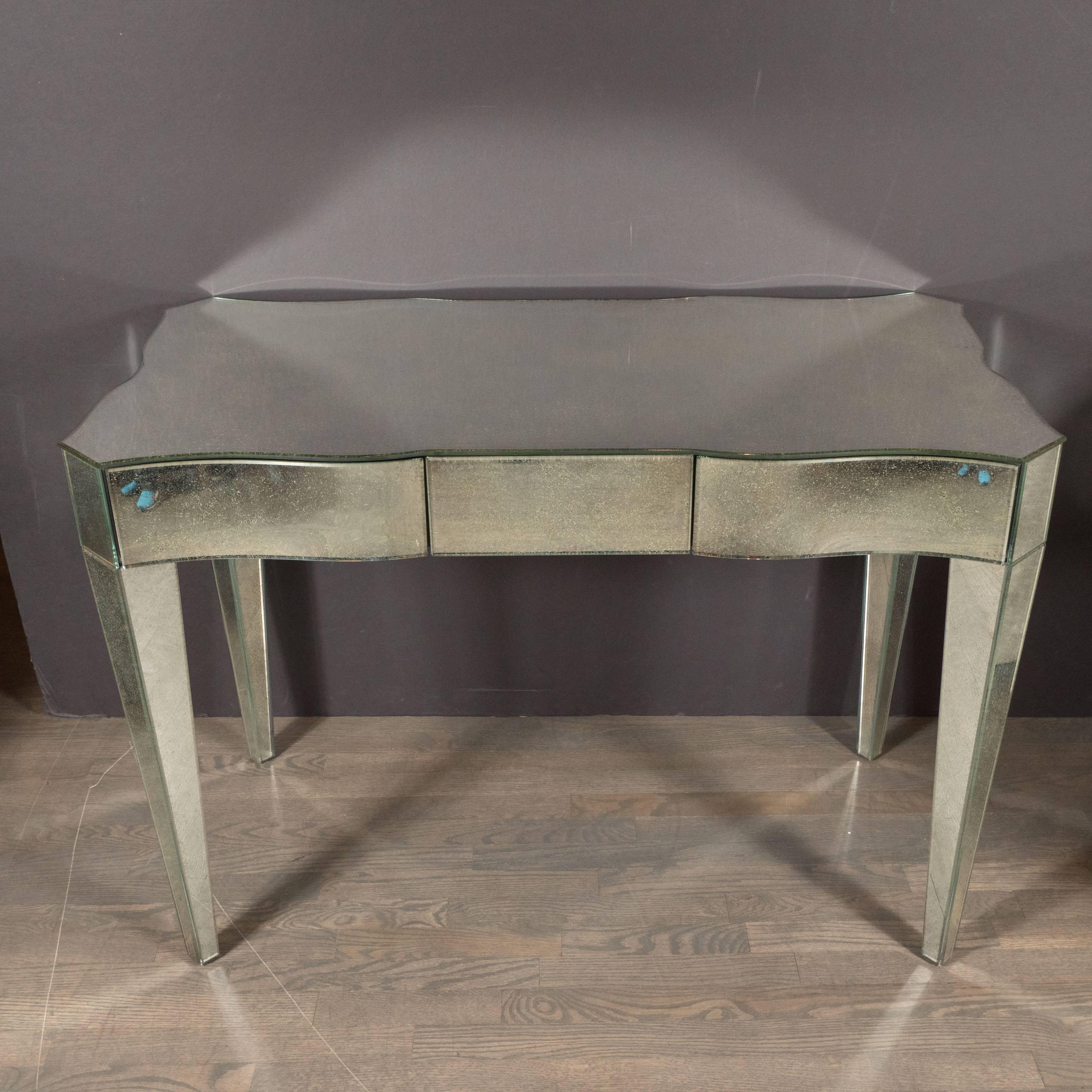 Hollywood Regency Style Mirrored Vanity or Writing Table with Antique Patina In Excellent Condition In New York, NY