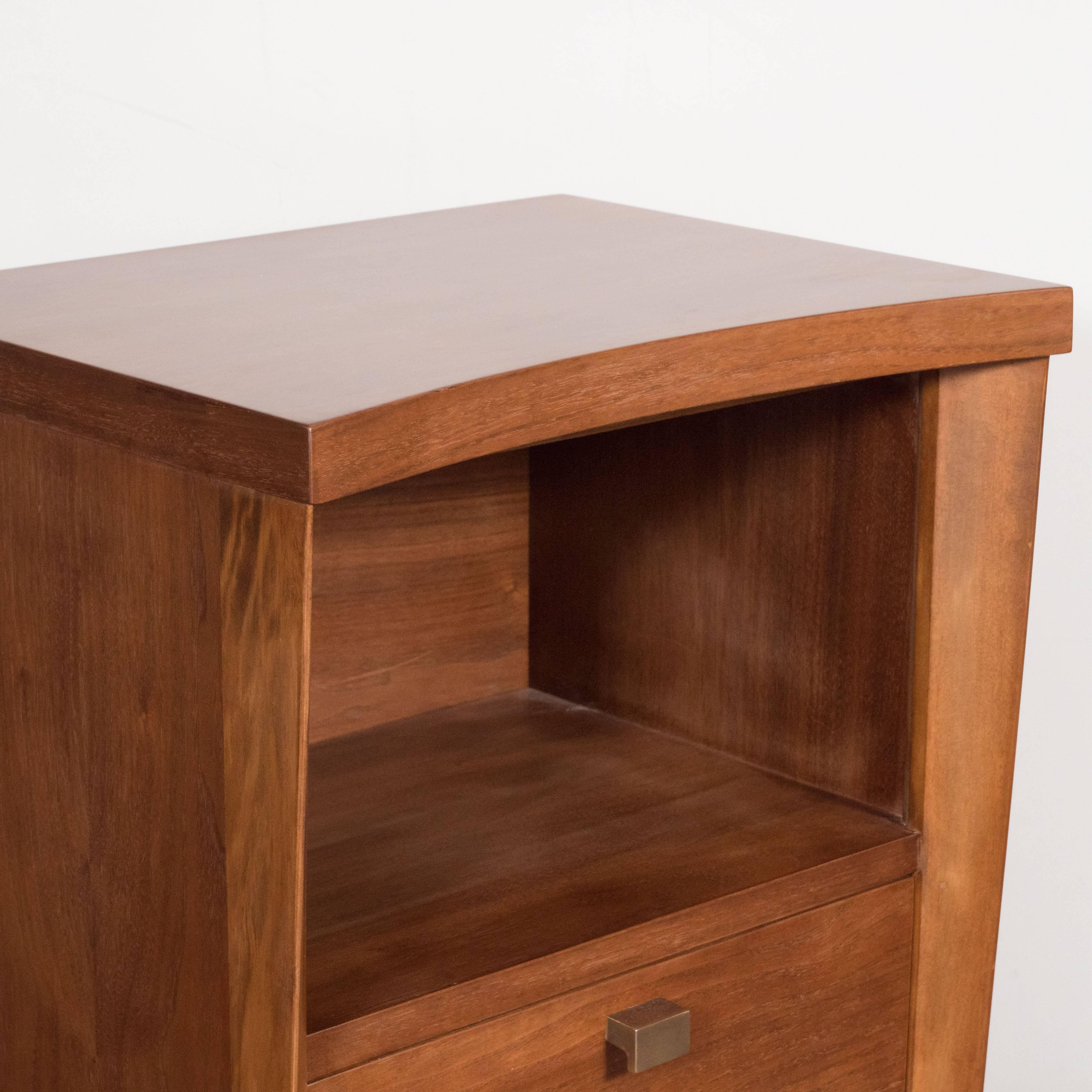 Mid-20th Century Mid-Century Modernist Bowed Front Nightstands in Rubbed Walnut with Brass Pulls