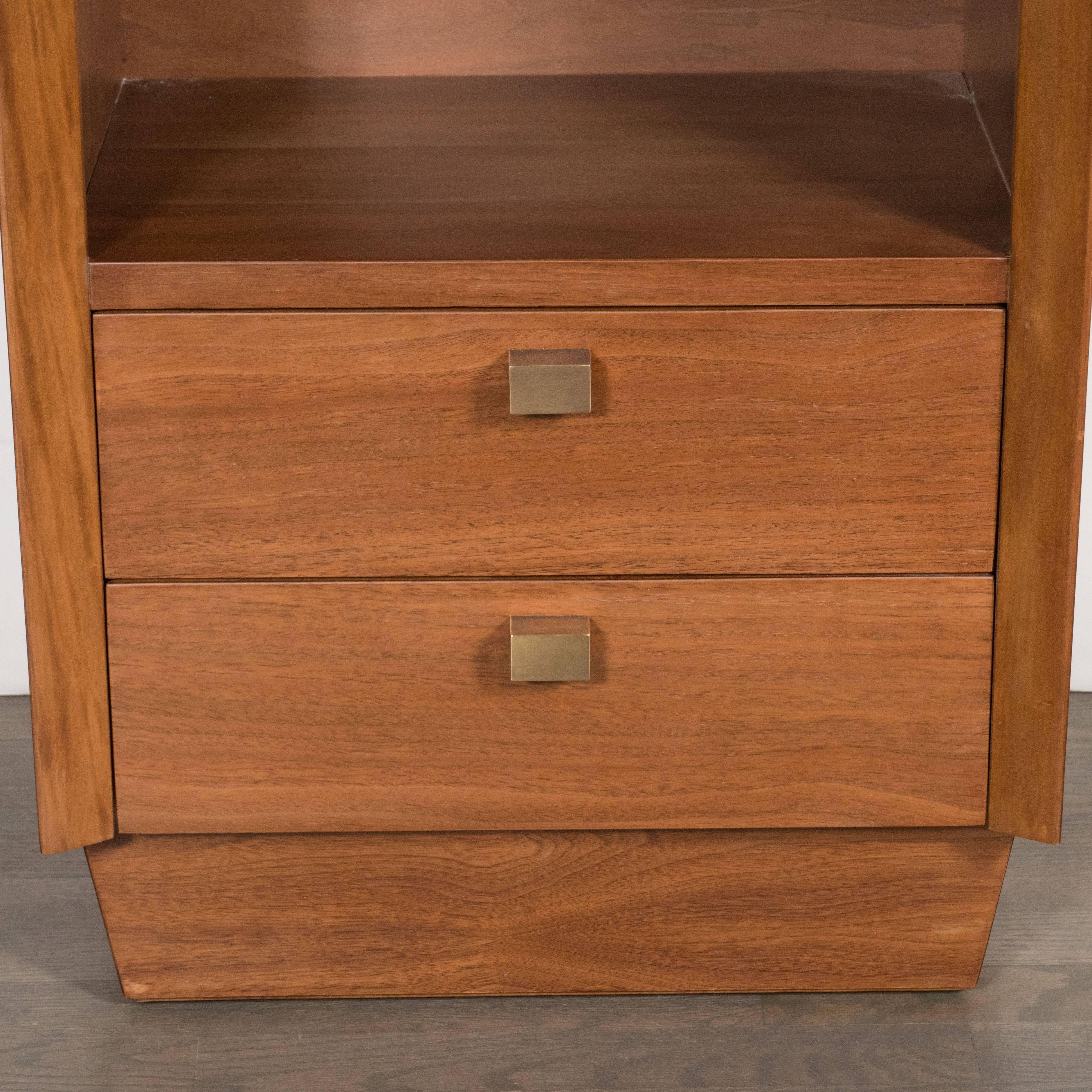 Mid-Century Modernist Bowed Front Nightstands in Rubbed Walnut with Brass Pulls 2
