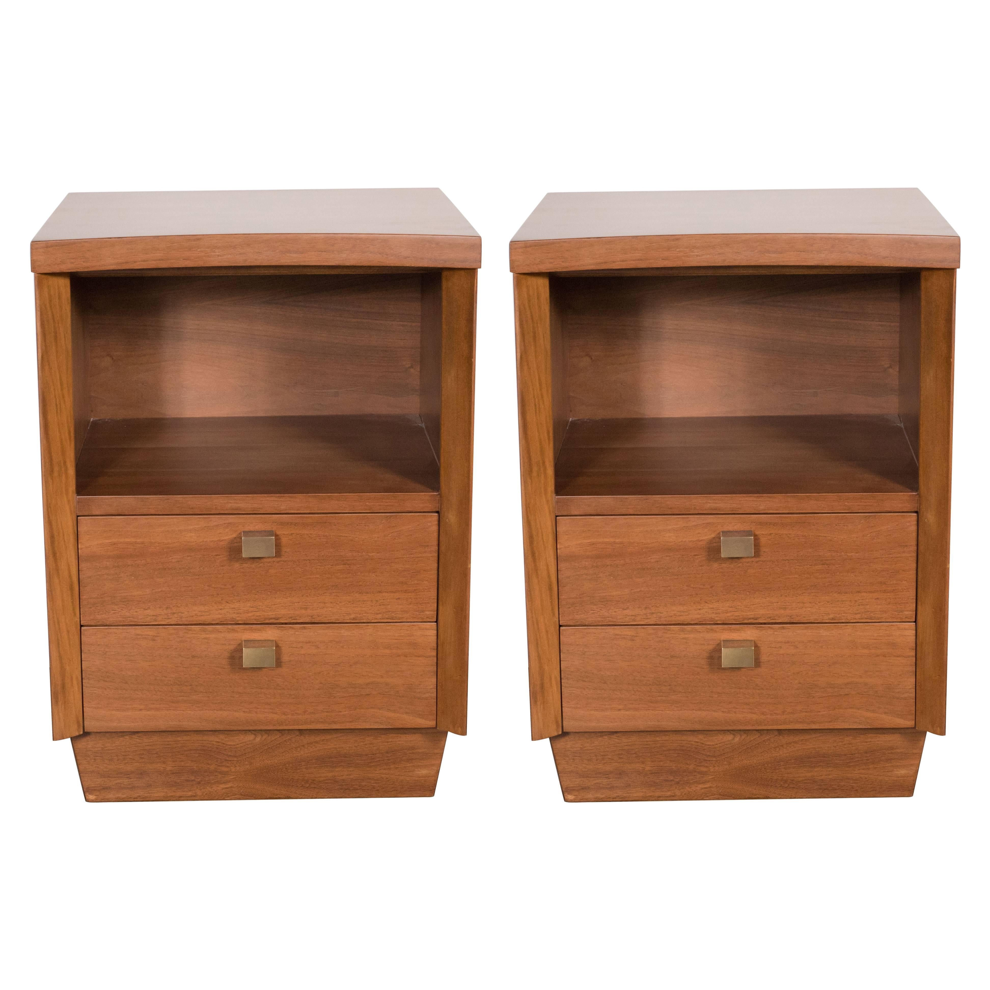 Mid-Century Modernist Bowed Front Nightstands in Rubbed Walnut with Brass Pulls