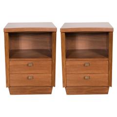 Vintage Mid-Century Modernist Bowed Front Nightstands in Rubbed Walnut with Brass Pulls