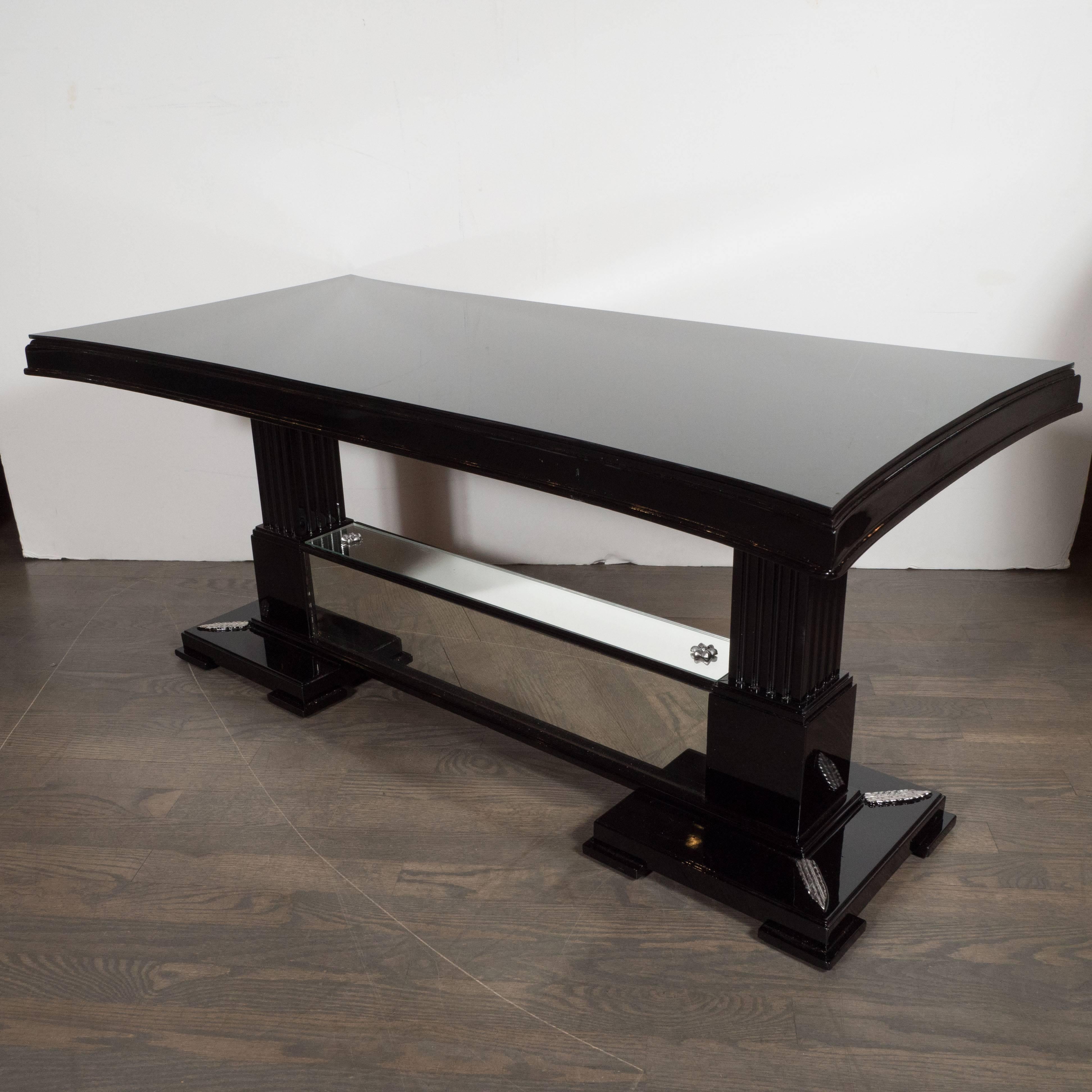 American Hollywood Regency Black Lacquer& Silver Leaf  Cocktail Table by Grosfeld House