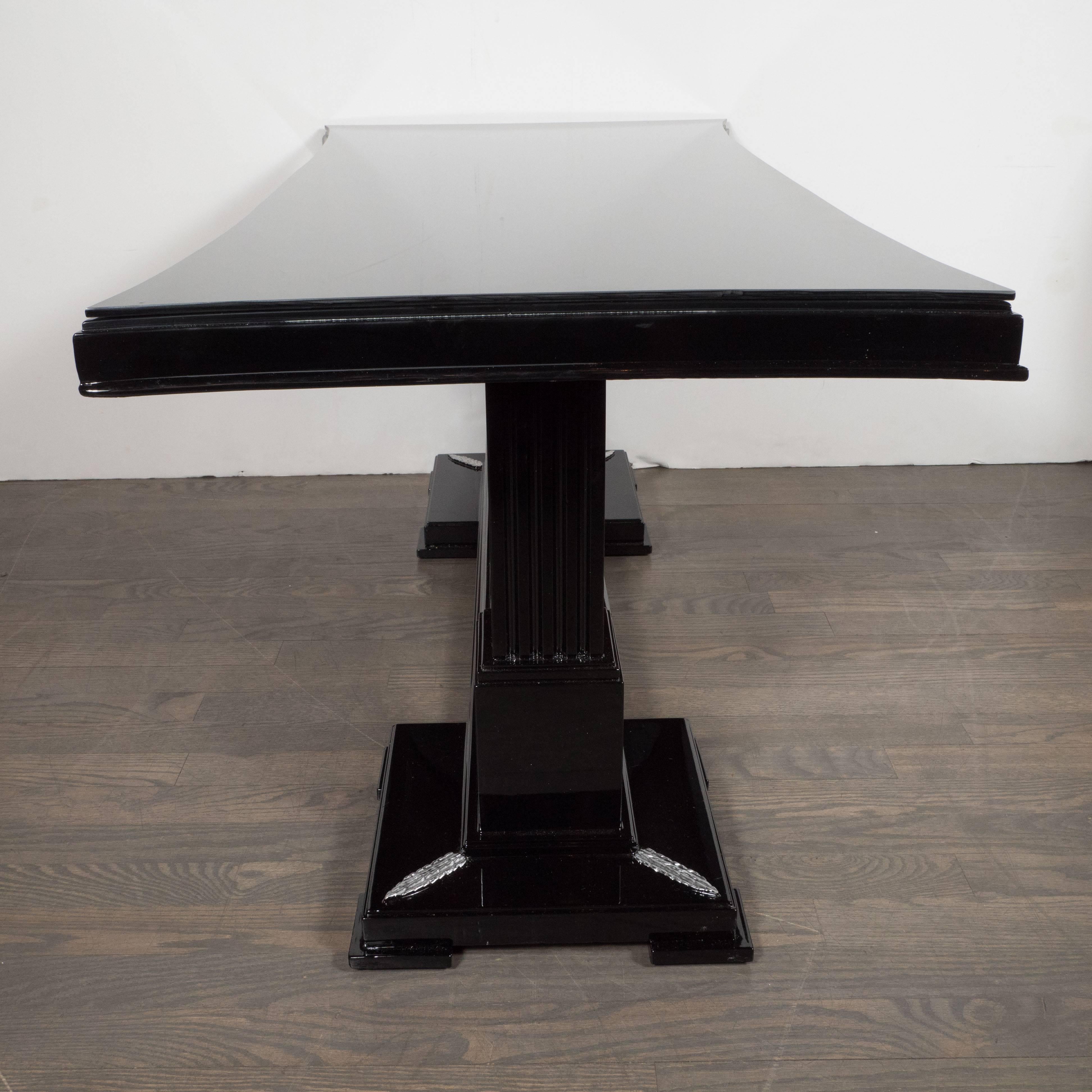 Hollywood Regency Black Lacquer& Silver Leaf  Cocktail Table by Grosfeld House In Excellent Condition In New York, NY