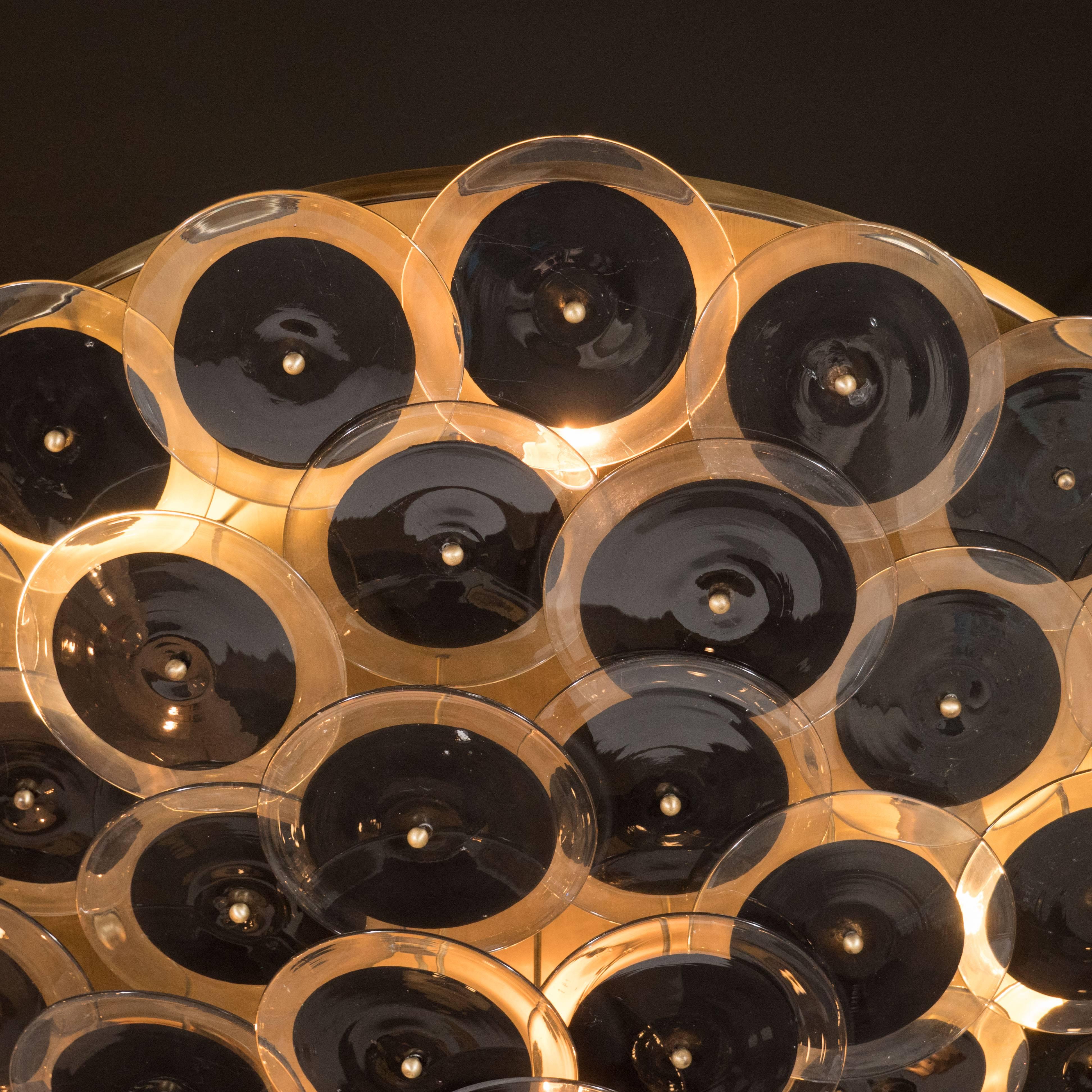 Italian Flush Mount Murano Disc Chandelier in Black and Clear Glass and Brushed Brass For Sale