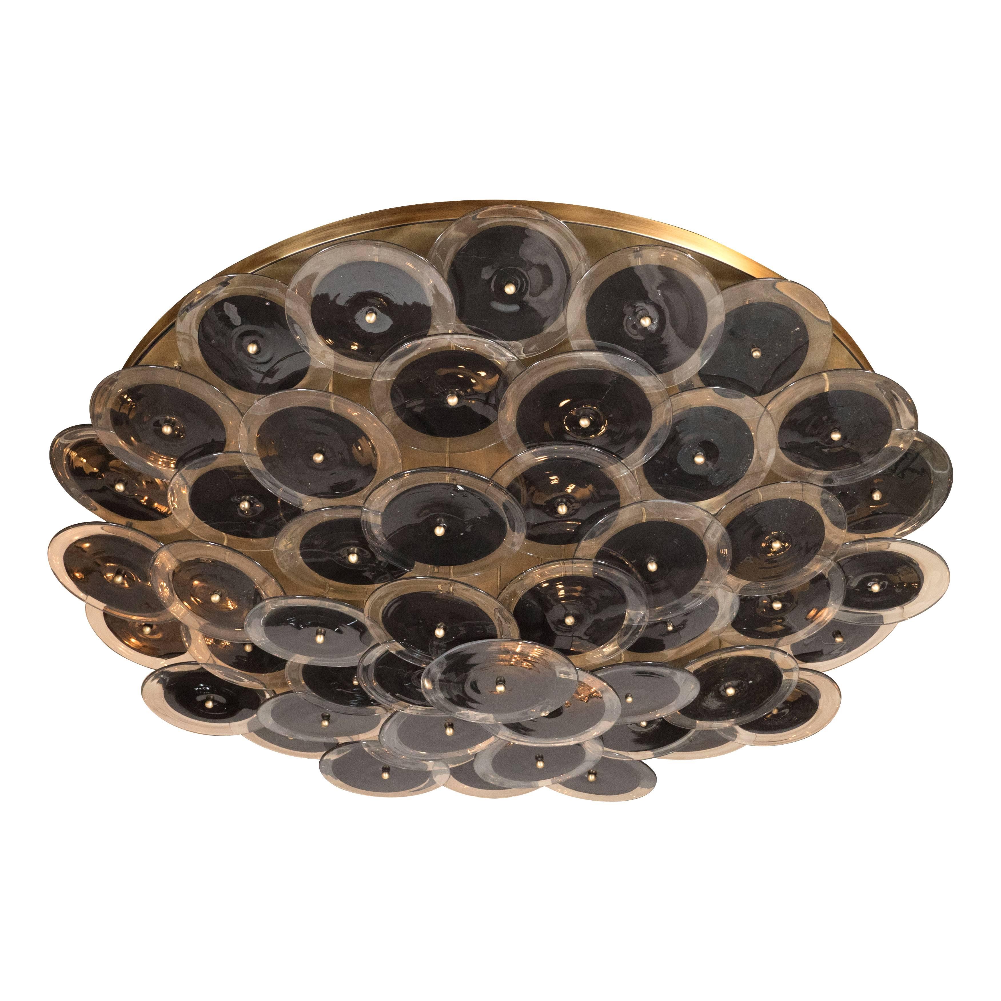 Flush Mount Murano Disc Chandelier in Black and Clear Glass and Brushed Brass For Sale