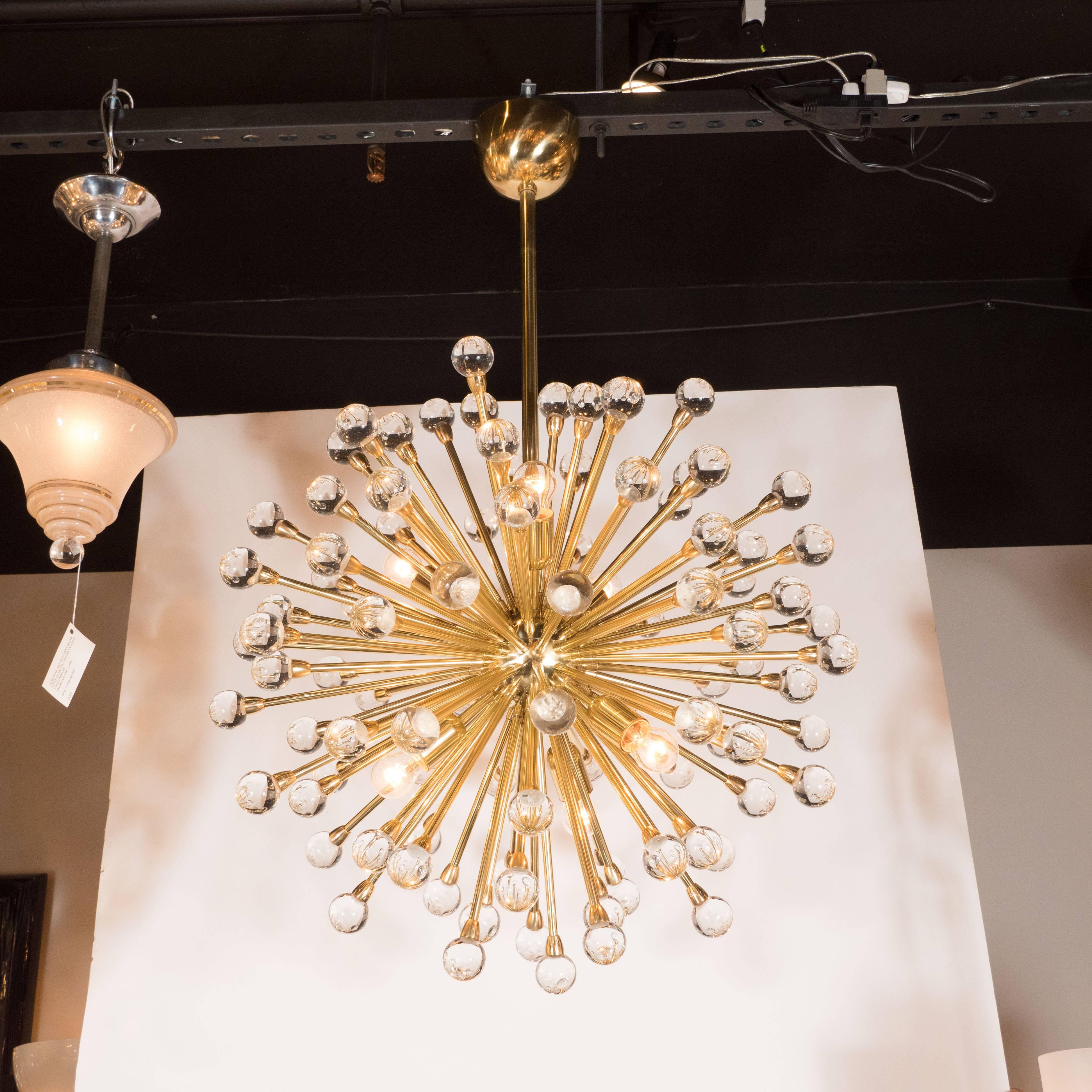 American Modernist Murano Sputnik Chandelier in Brass with Handblown Crystal Orbs