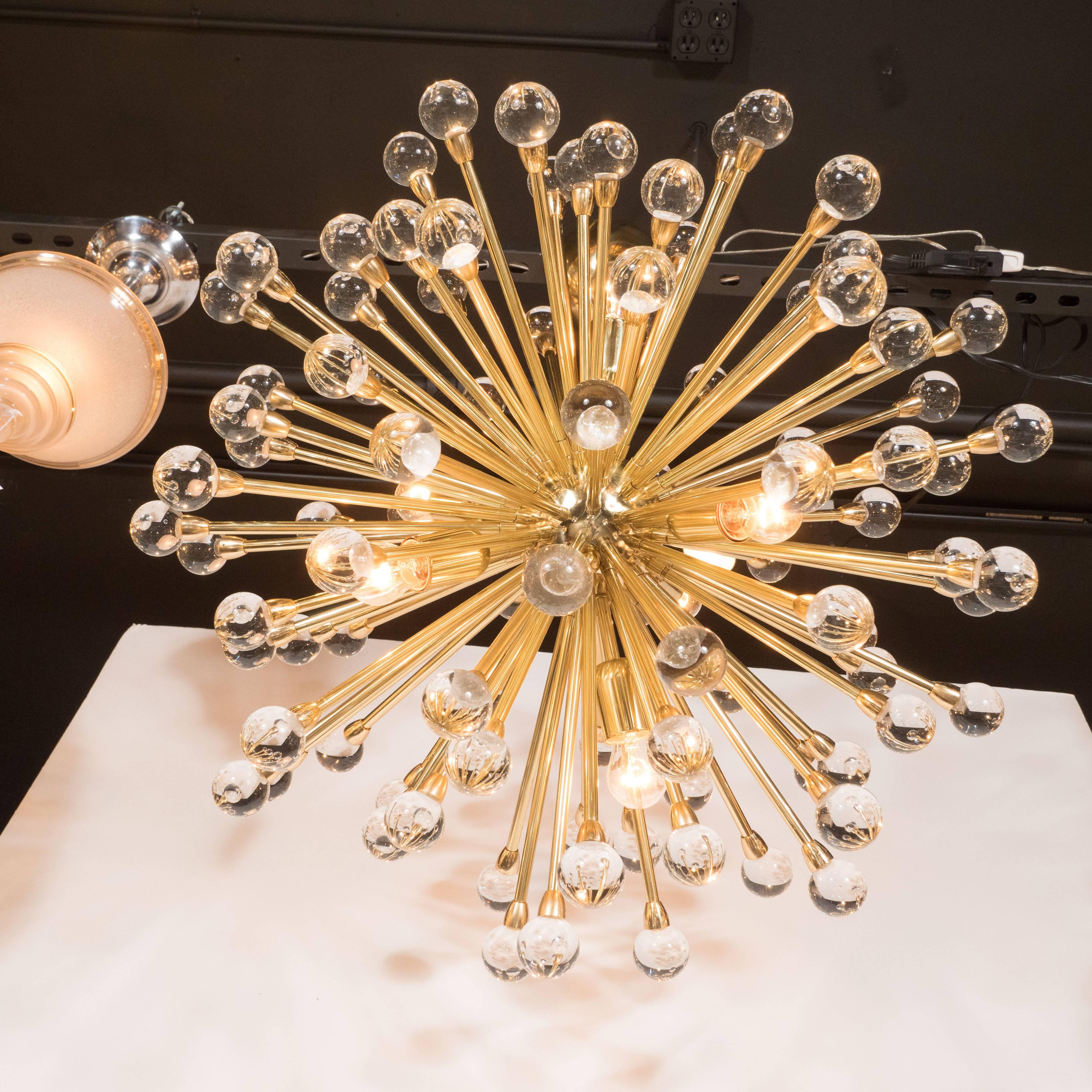 Contemporary Modernist Murano Sputnik Chandelier in Brass with Handblown Crystal Orbs
