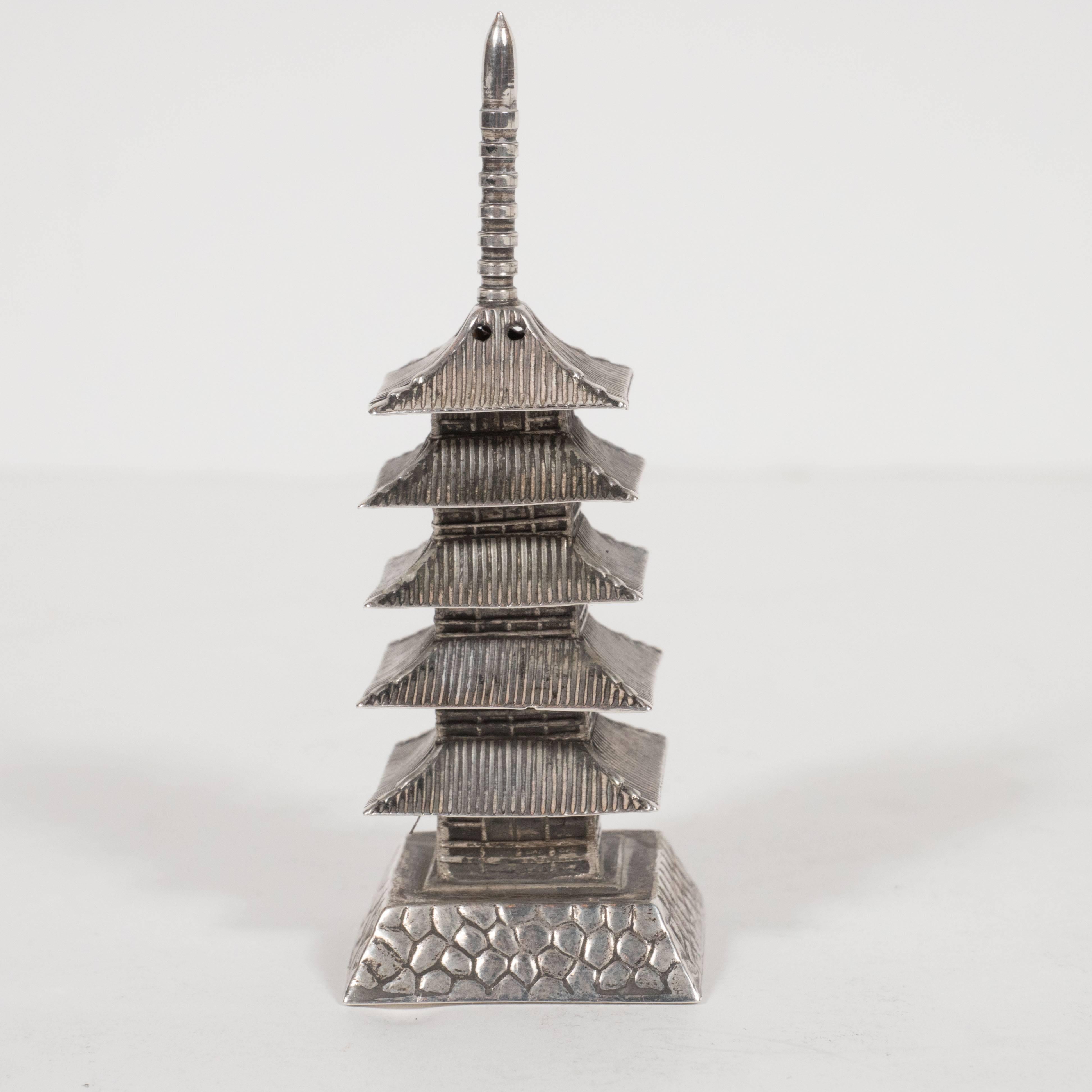 Lustrous Mid-Century Japanese Sterling Silver Temple Salt and Pepper Shakers In Excellent Condition In New York, NY