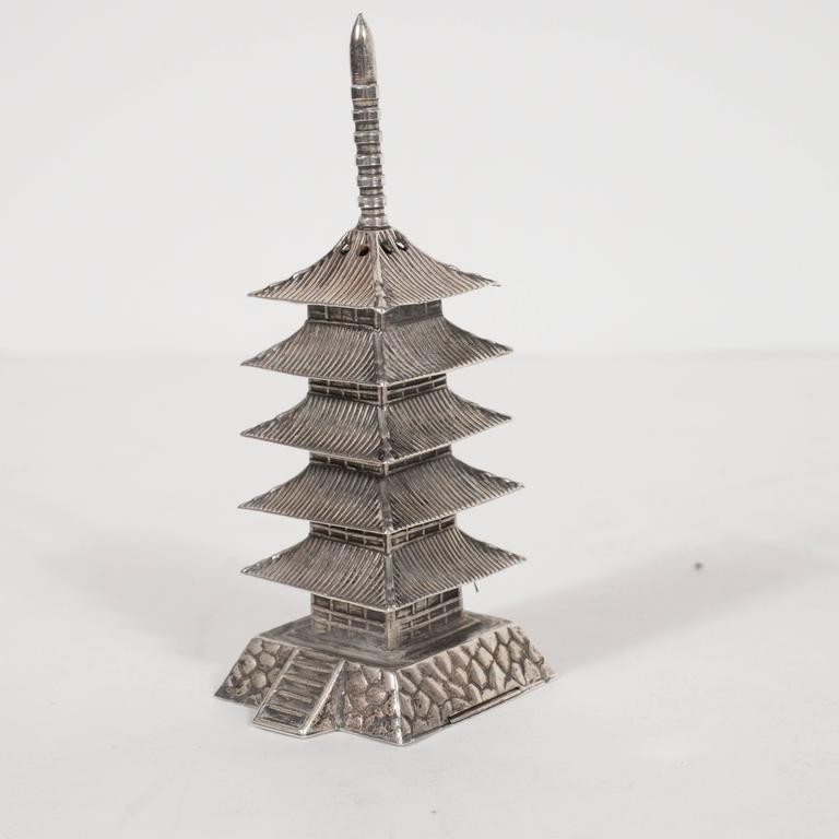 Lustrous MidCentury Japanese Sterling Silver Temple Salt and Pepper Shakers at 1stDibs