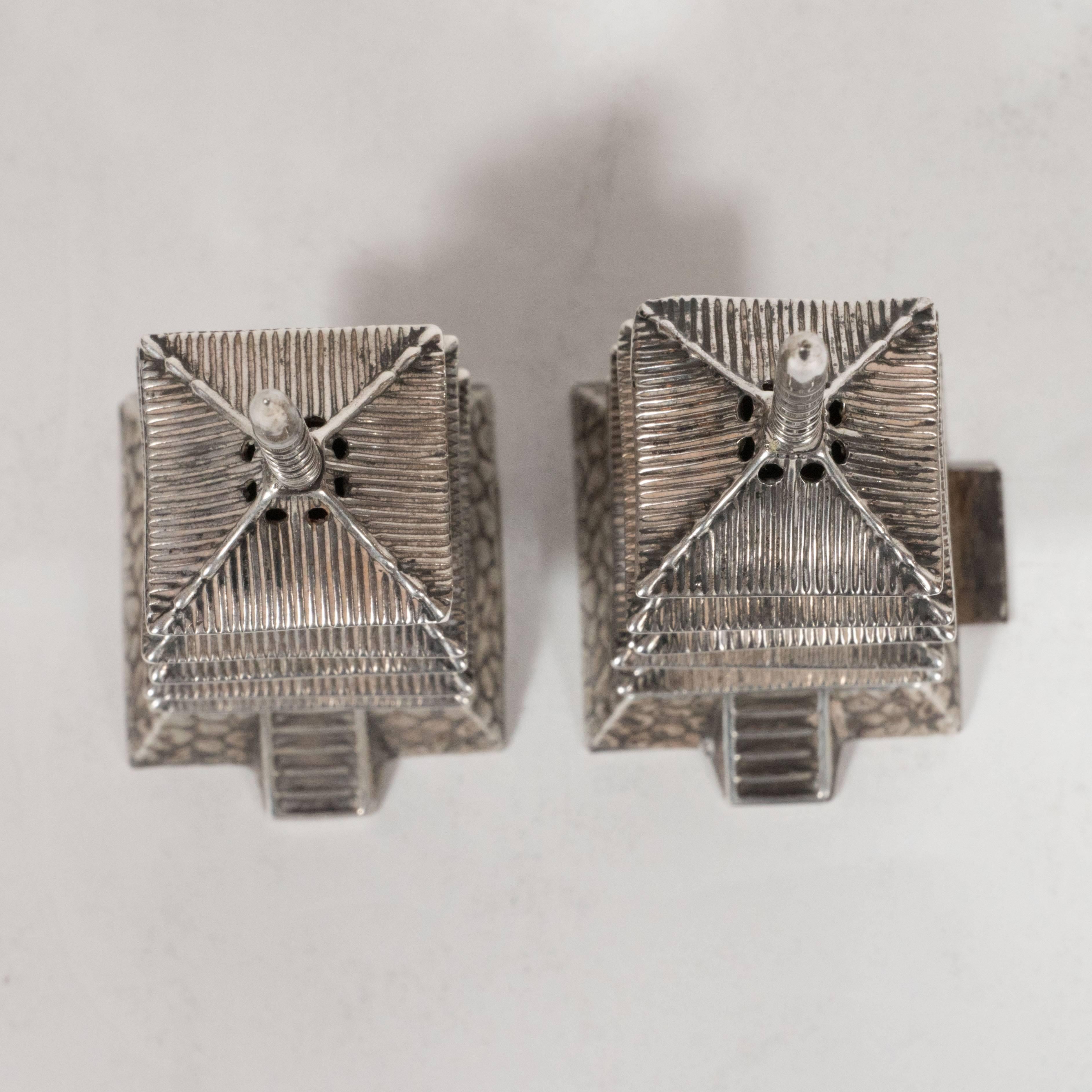 Lustrous Mid-Century Japanese Sterling Silver Temple Salt and Pepper Shakers 4