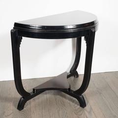 Art Deco Skyscraper Style Demilune Table in Book-Matched Walnut and Mahogany