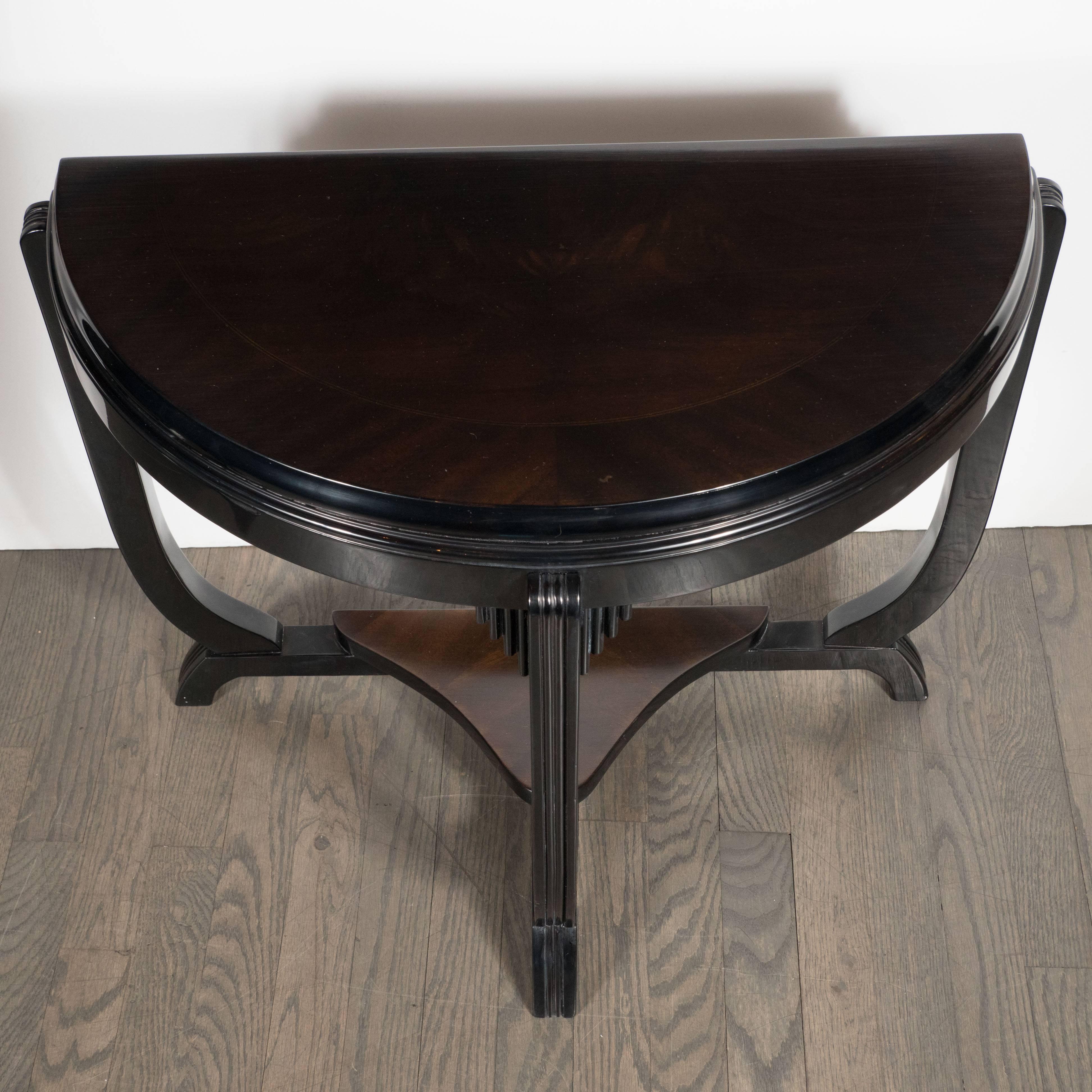 Mid-20th Century Art Deco Skyscraper Style Demilune Table in Book-Matched Walnut and Mahogany