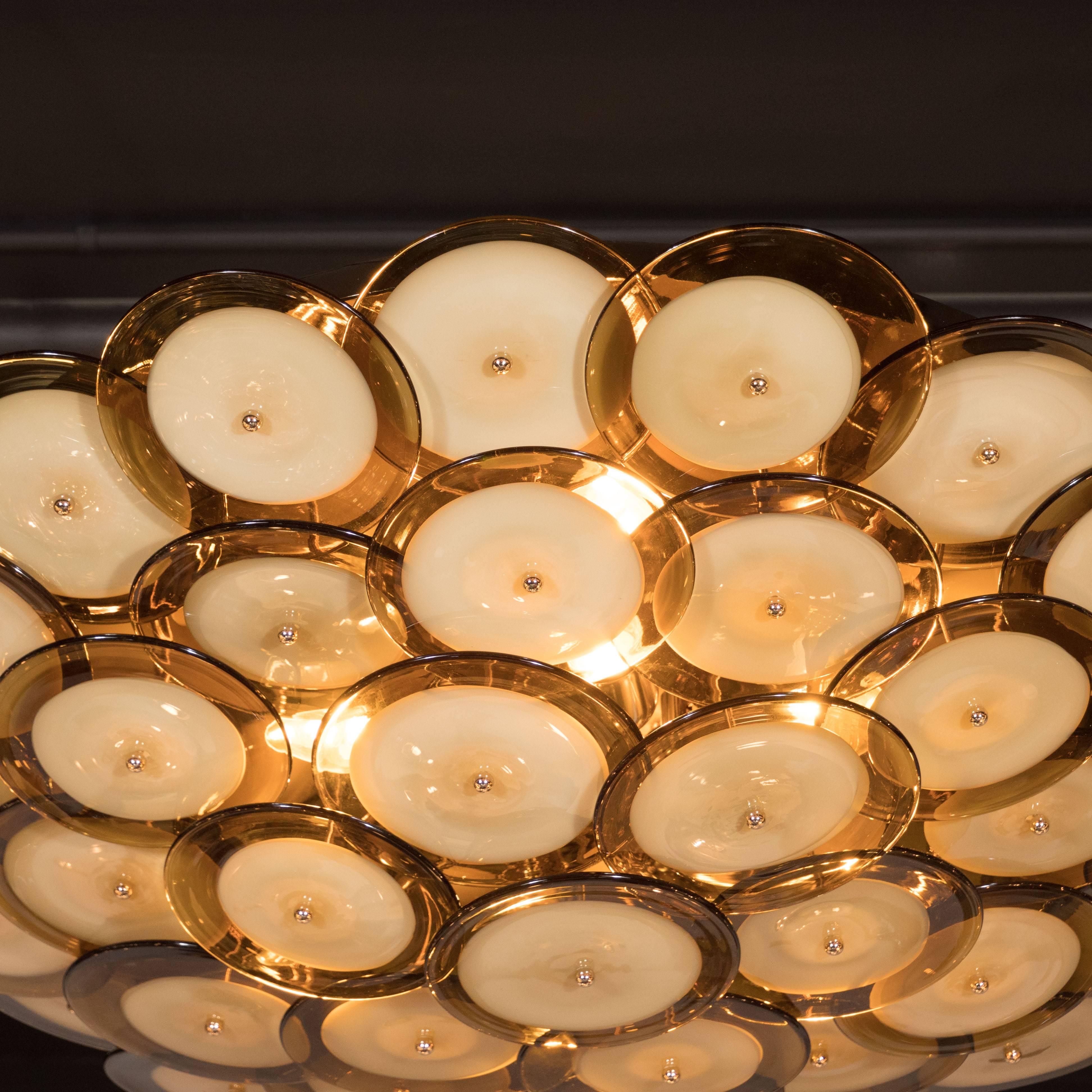 Polished  Flush Mount Murano Disc Chandelier in Smoked Topaz with Brass Base
