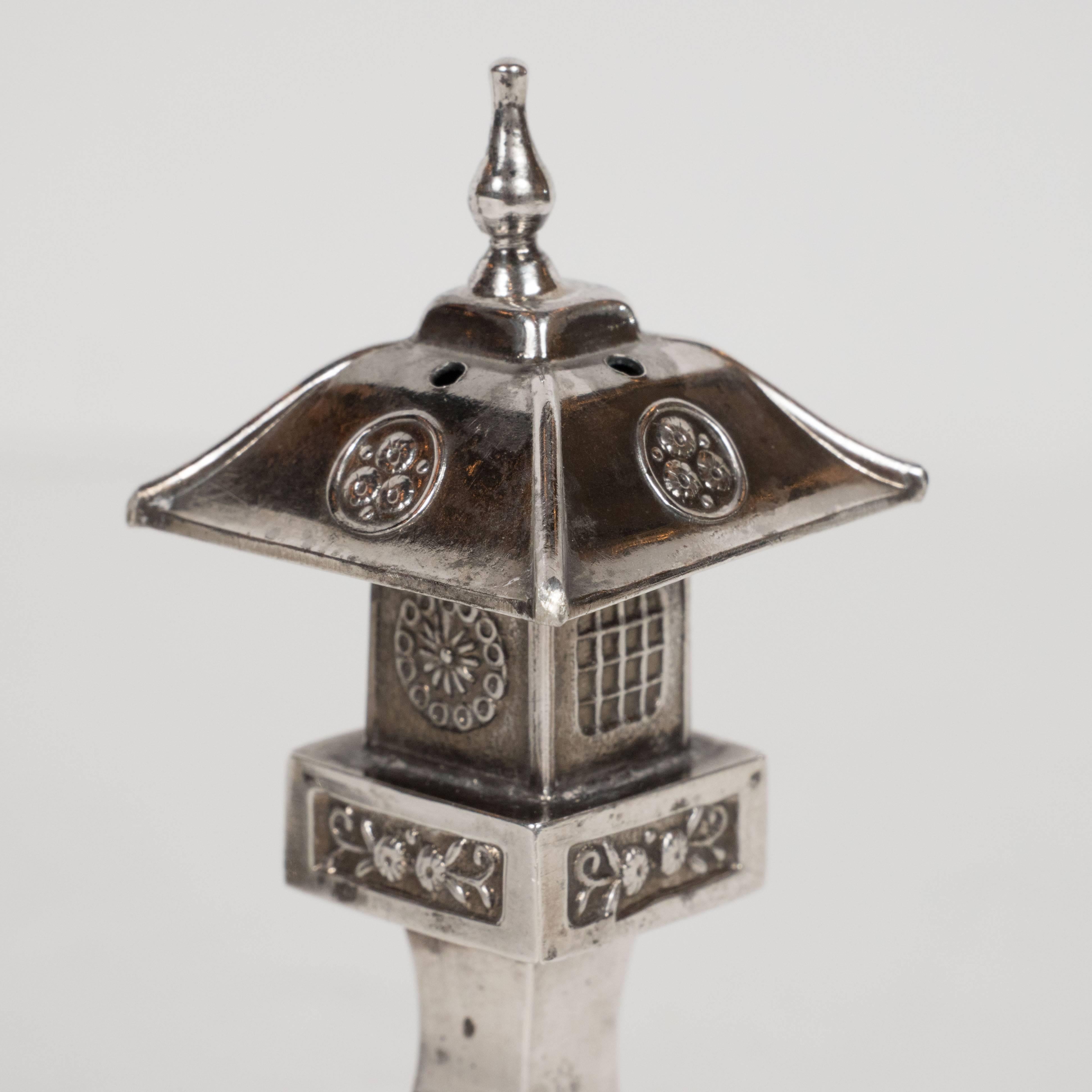 Mid-20th Century Elegant Pair of Imperial Chinese Pagoda Style Sterling Salt and Pepper Shakers