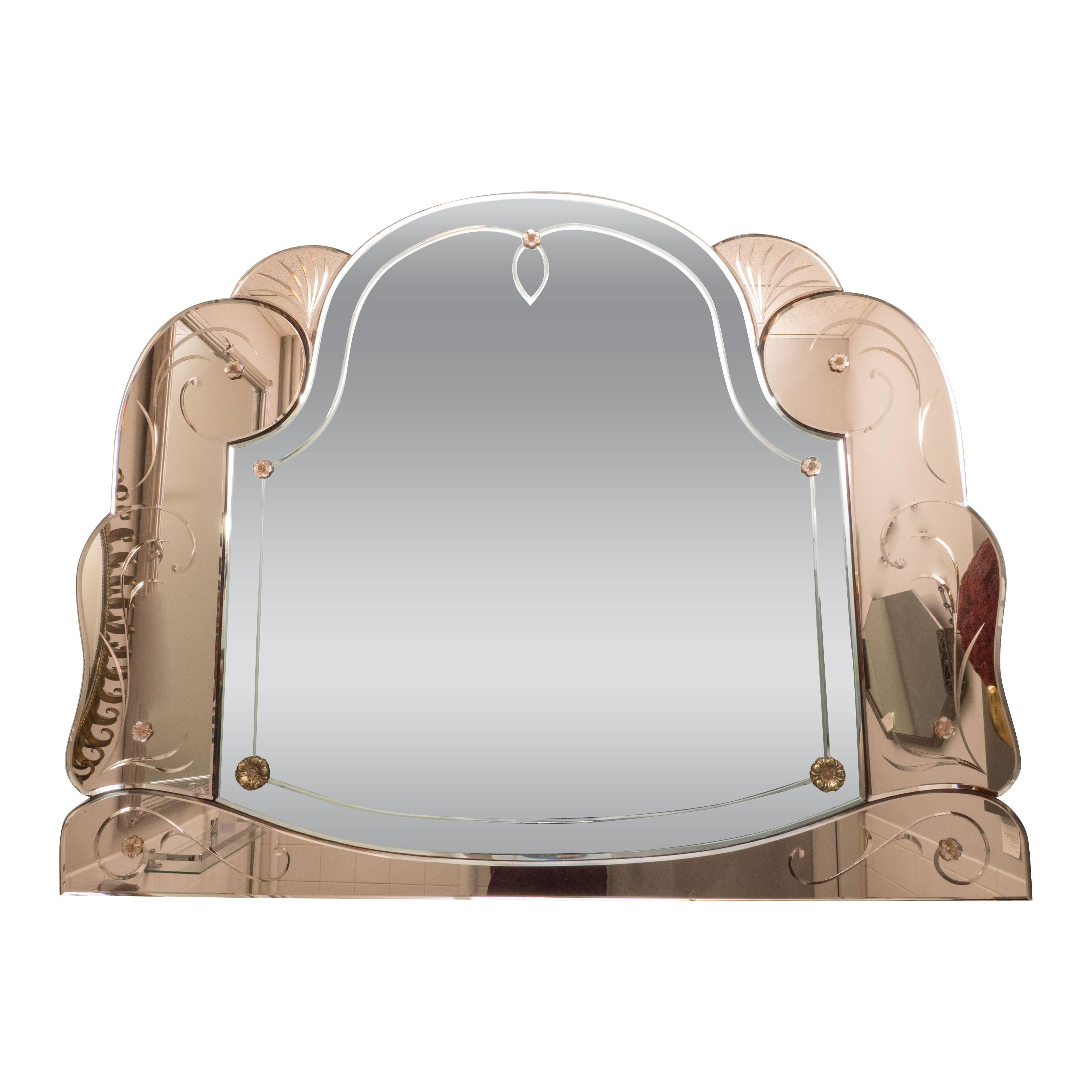Magnificent Art Deco Rose Gold and Silver Mirror with Flora and Fauna Accents