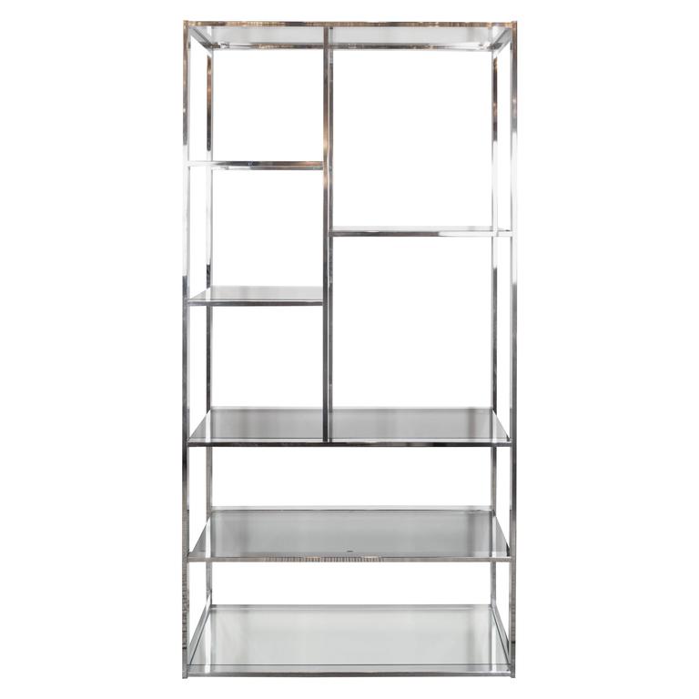 Modernist Architectural Gilded Iron And Gl Rondelles Étagère Mid Century Modernist Chrome Smoked Gl And Mirror Étagère By Milo Baughman