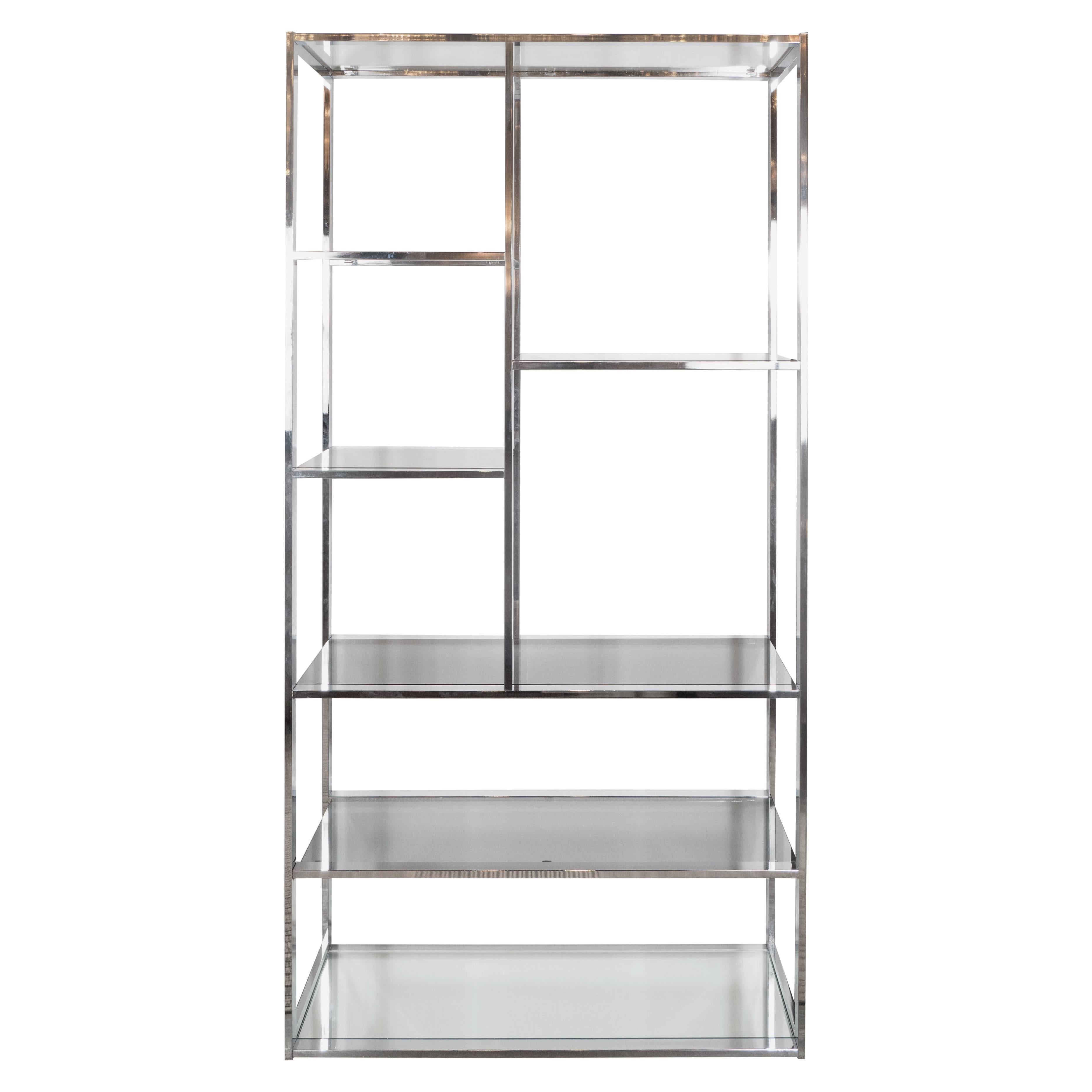 Mid Century Chrome Smoked Glass And Mirror tag re Book Case For Sale 