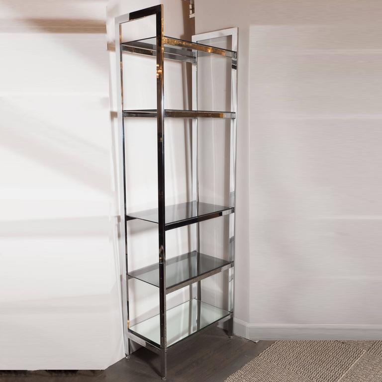 Mid Century Chrome Smoked Glass And Mirror tag re Book Case For Sale 