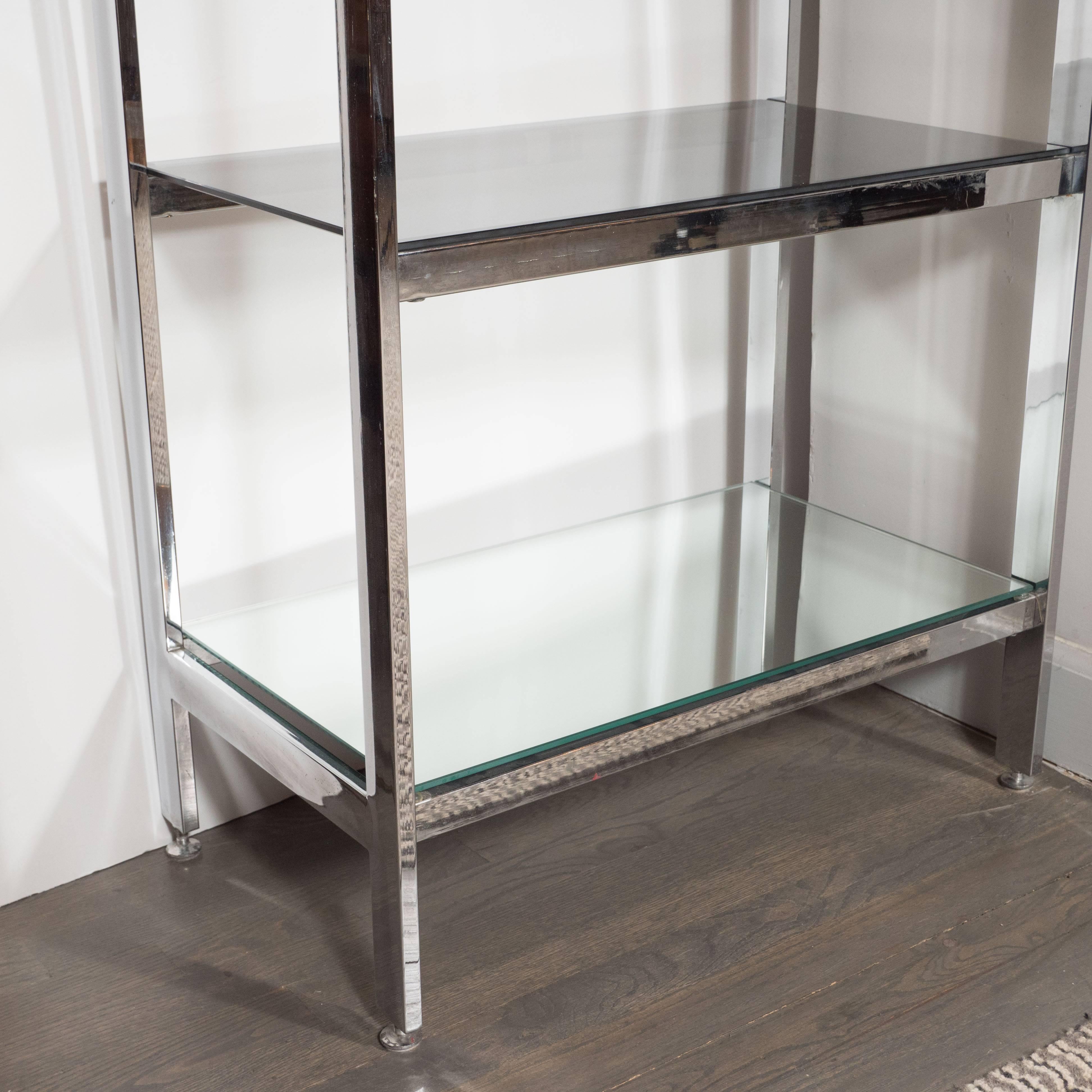 American Mid-Century Chrome, Smoked Glass and Mirror Étagère/ Book case For Sale
