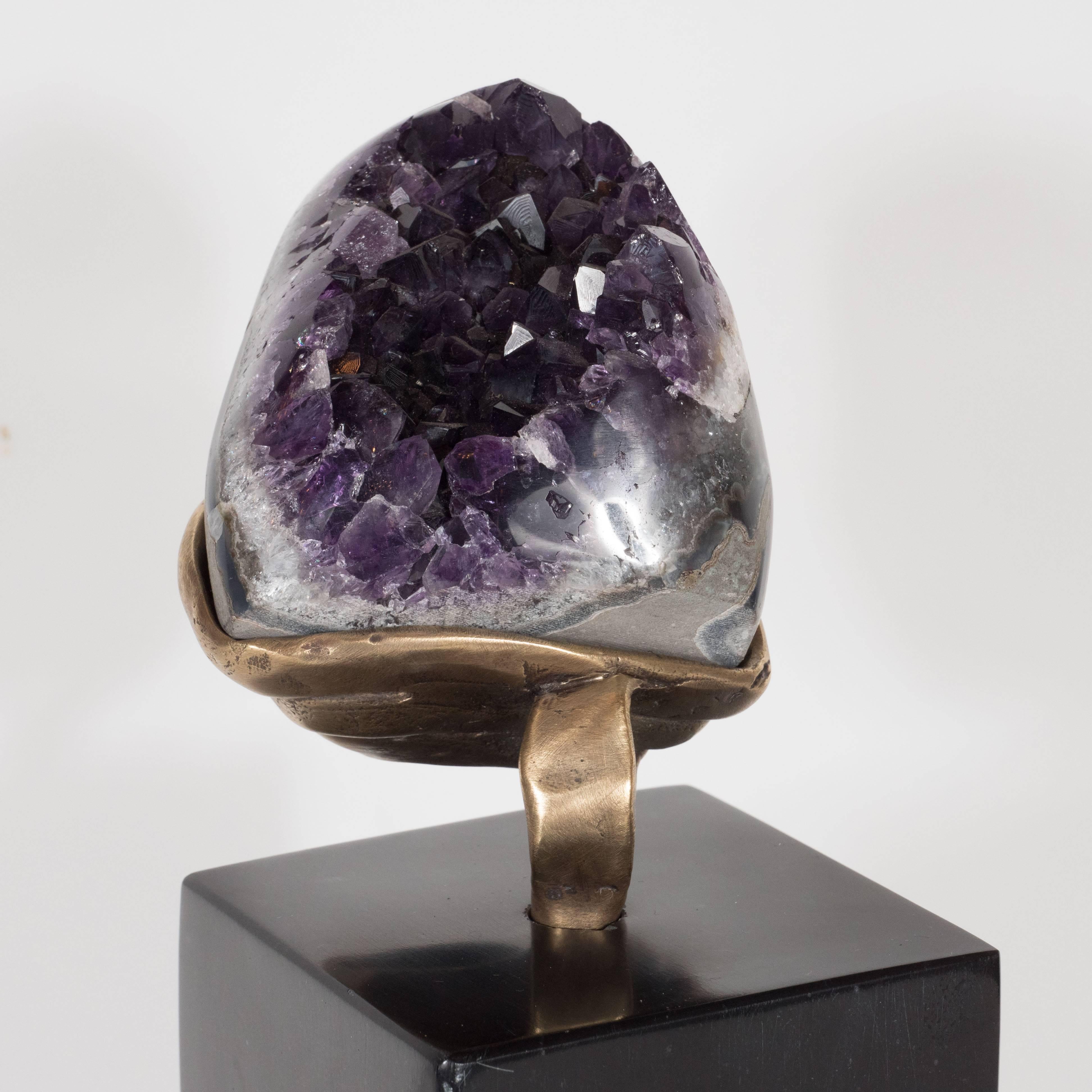 Organic Modern Amethyst Geode with a Sculptural Bronze Display Stand and Black Marble Base