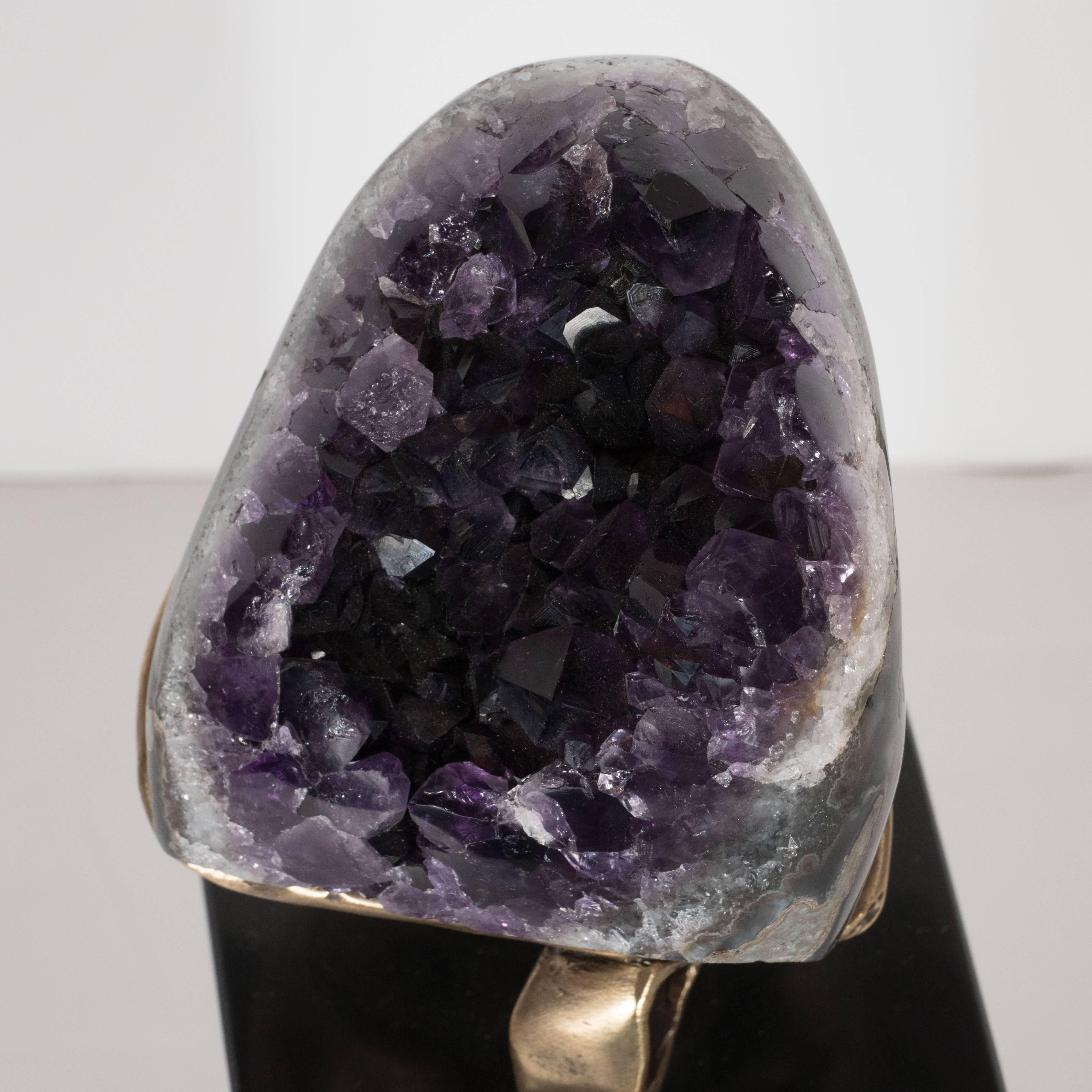 Brazilian Amethyst Geode with a Sculptural Bronze Display Stand and Black Marble Base