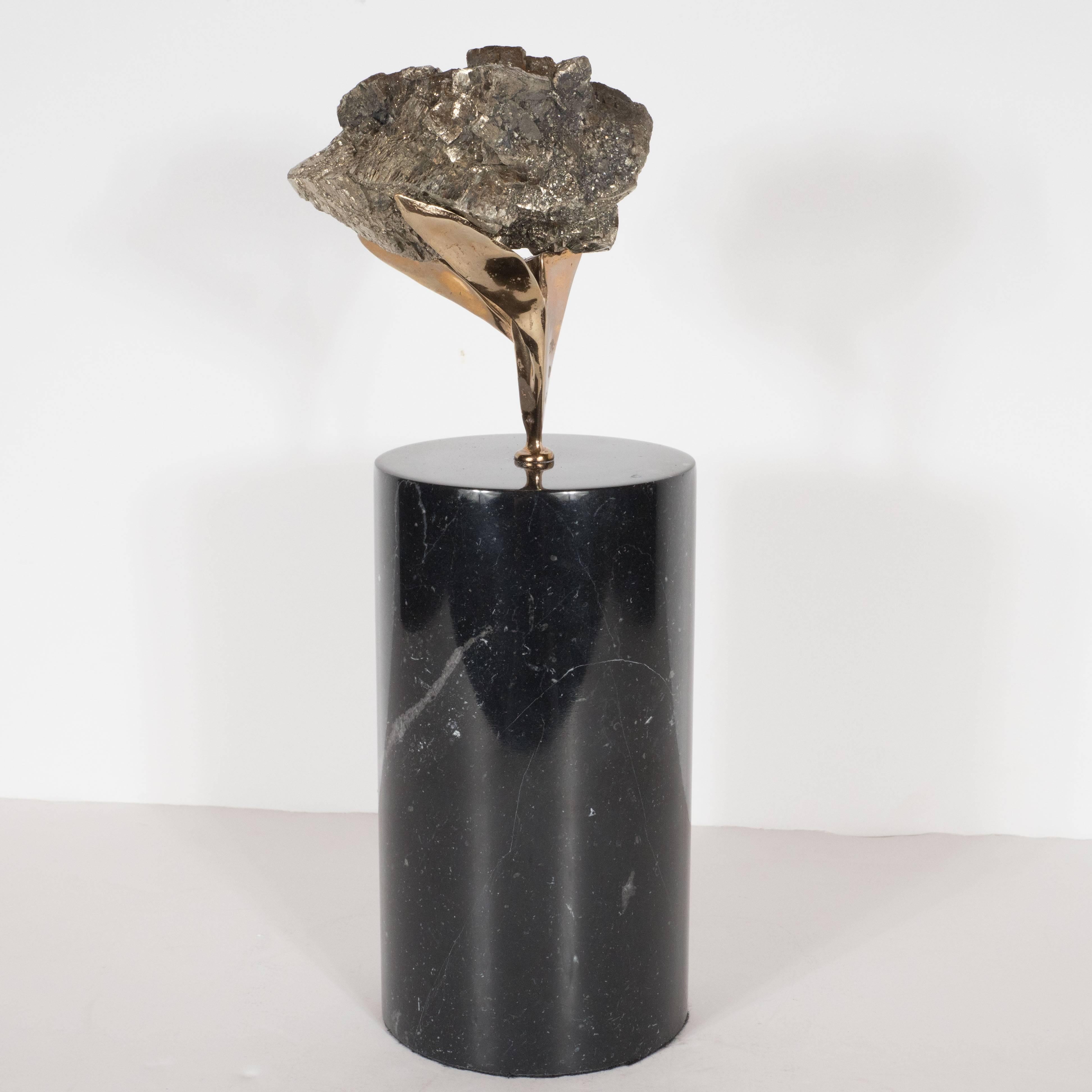 Modern Pyrite Specimen in a Sculptural Bronze Cradle Attached to a Black Marble Base