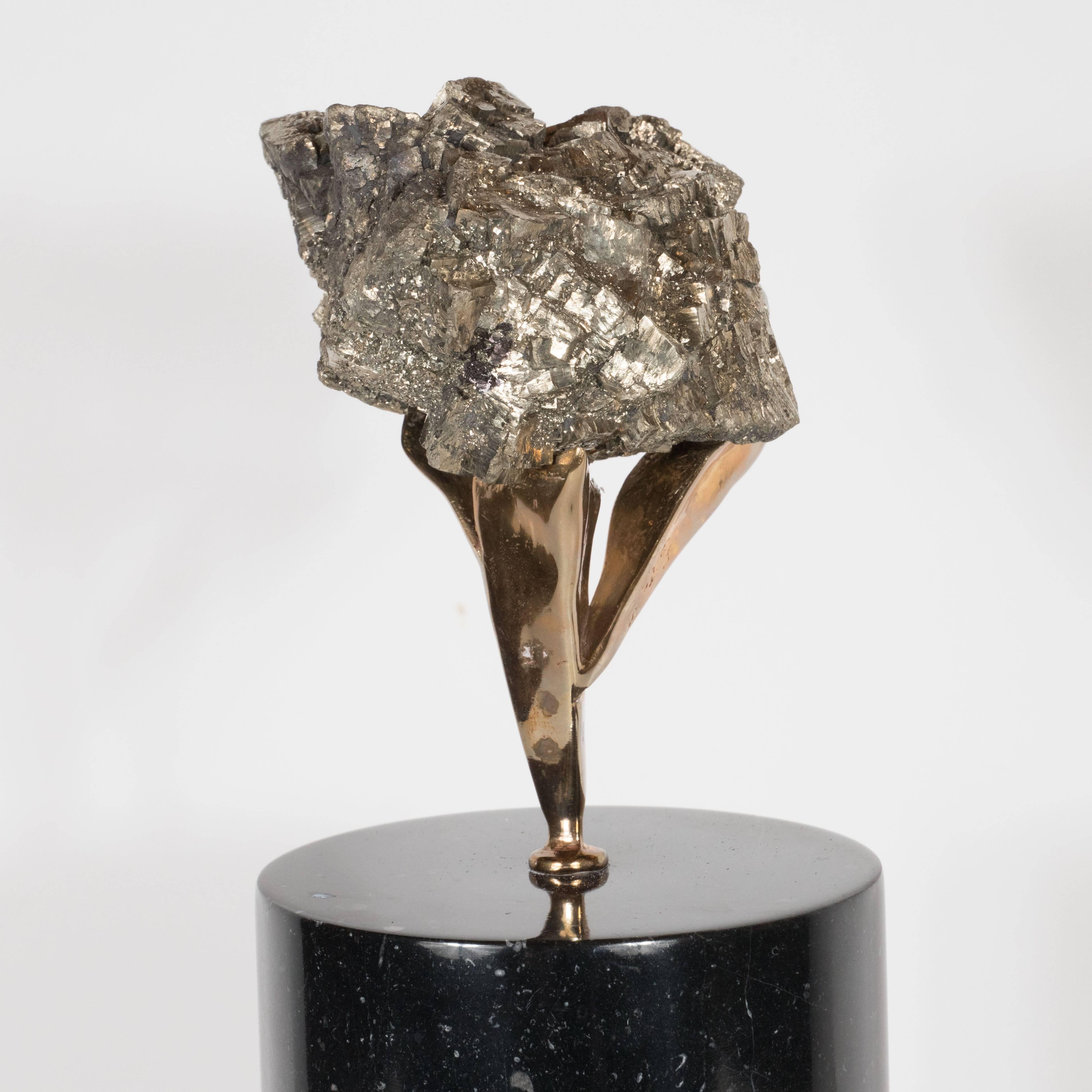 Pyrite Specimen in a Sculptural Bronze Cradle Attached to a Black Marble Base In Excellent Condition In New York, NY
