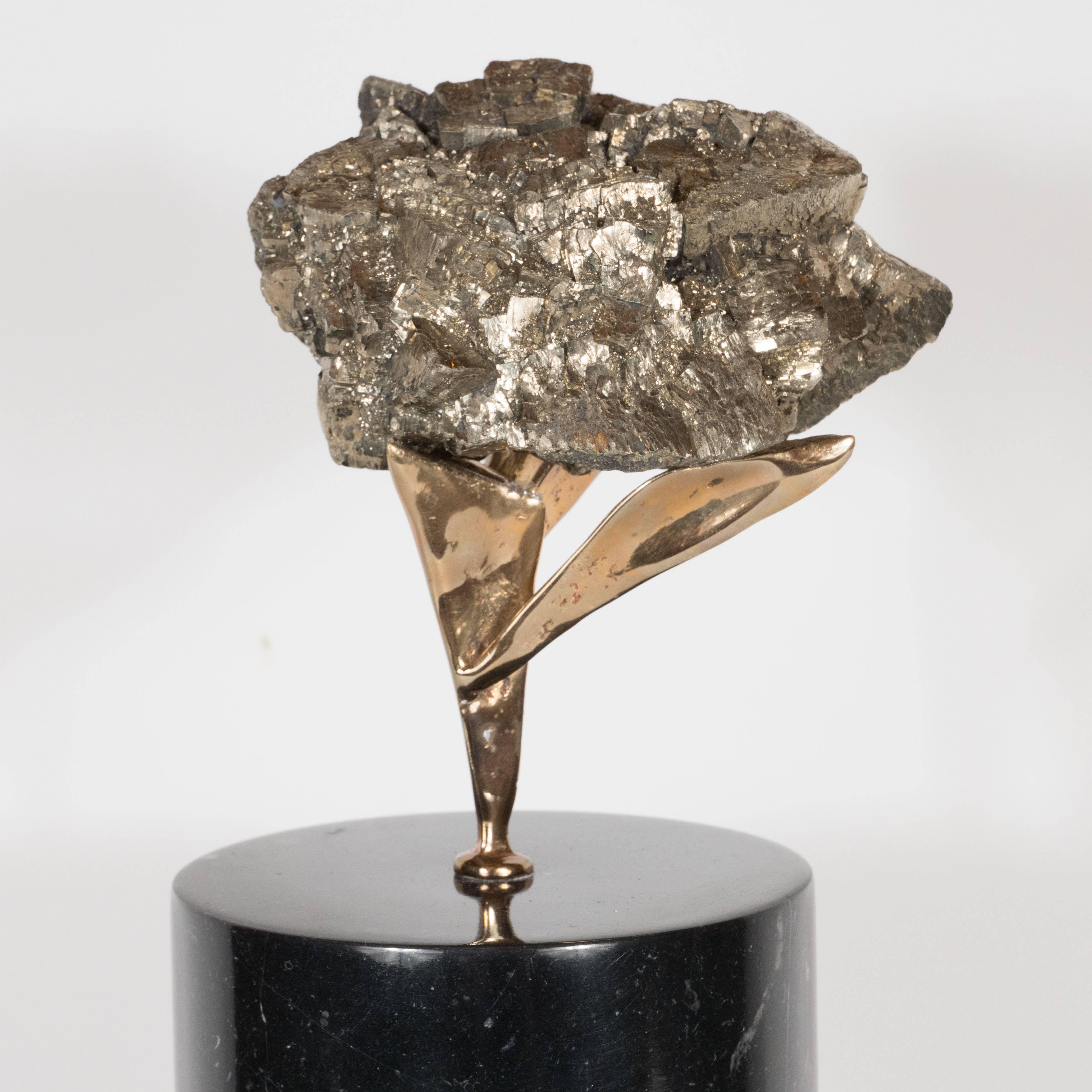 Contemporary Pyrite Specimen in a Sculptural Bronze Cradle Attached to a Black Marble Base