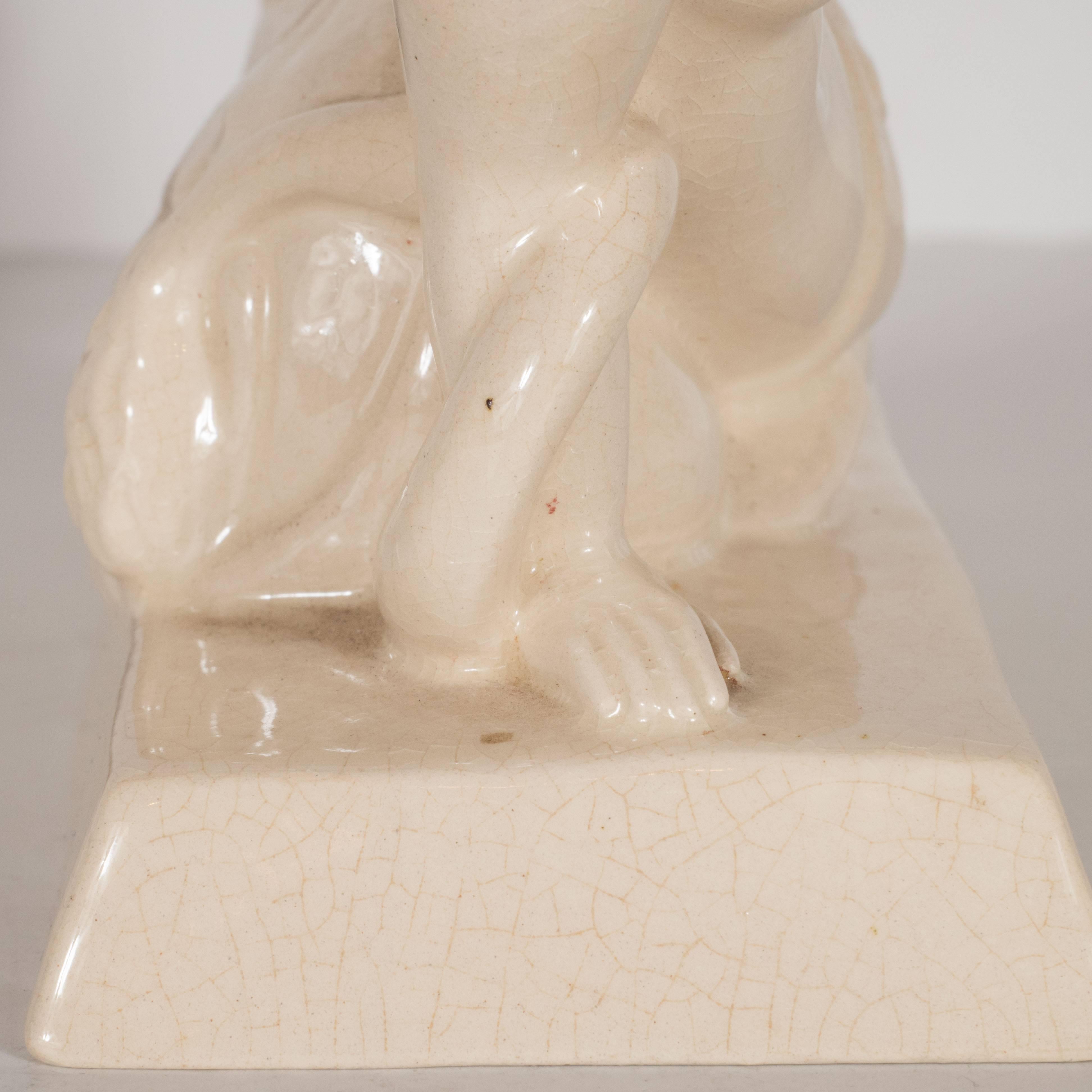 Art Deco Ceramic Book Ends Featuring Lion and Nude Female Figure For Sale 3