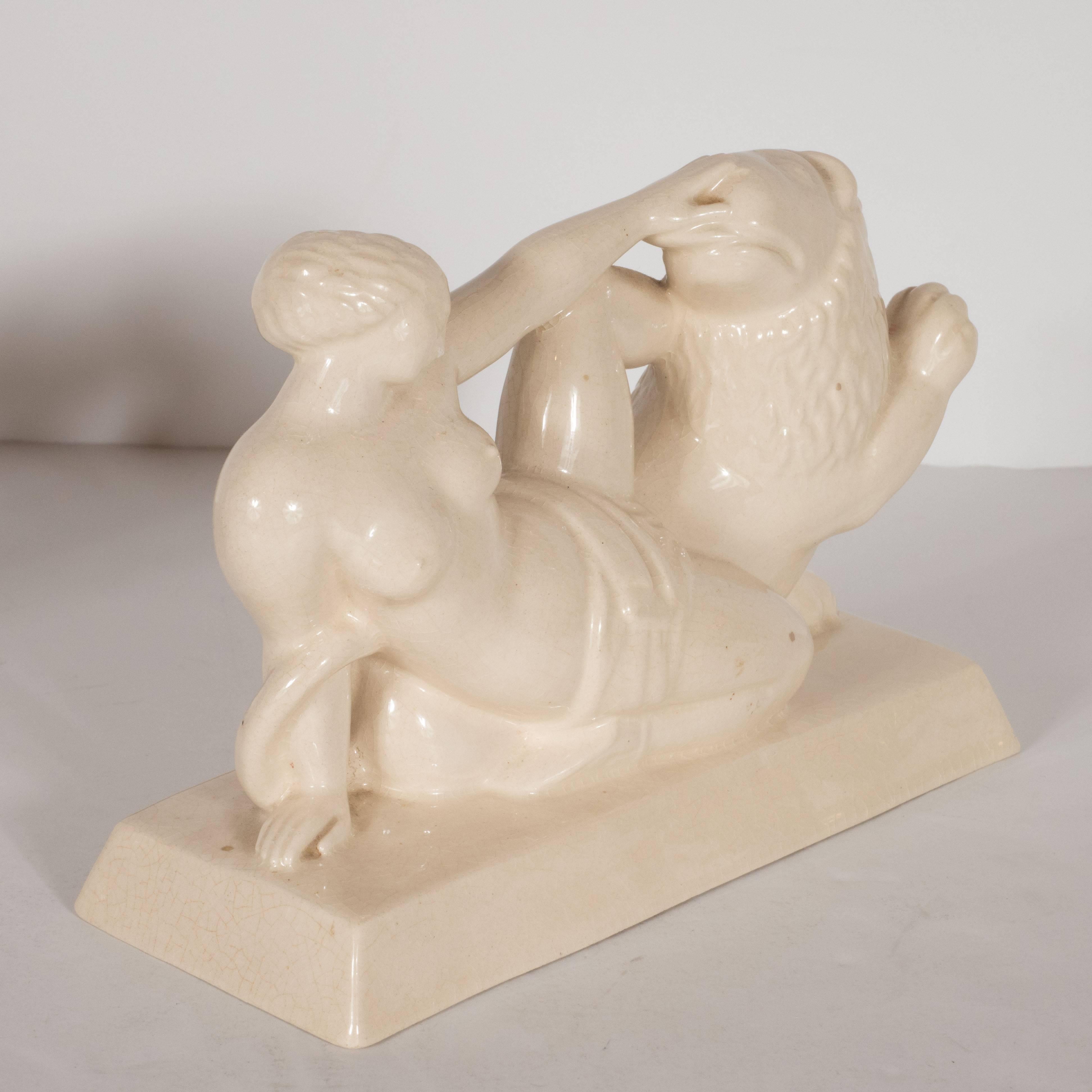 Art Deco Ceramic Book Ends Featuring Lion and Nude Female Figure For Sale 1