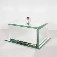 Elegant Art Deco Mirrored Glass Box with Round Beveled Edges and Glass Ball Pull