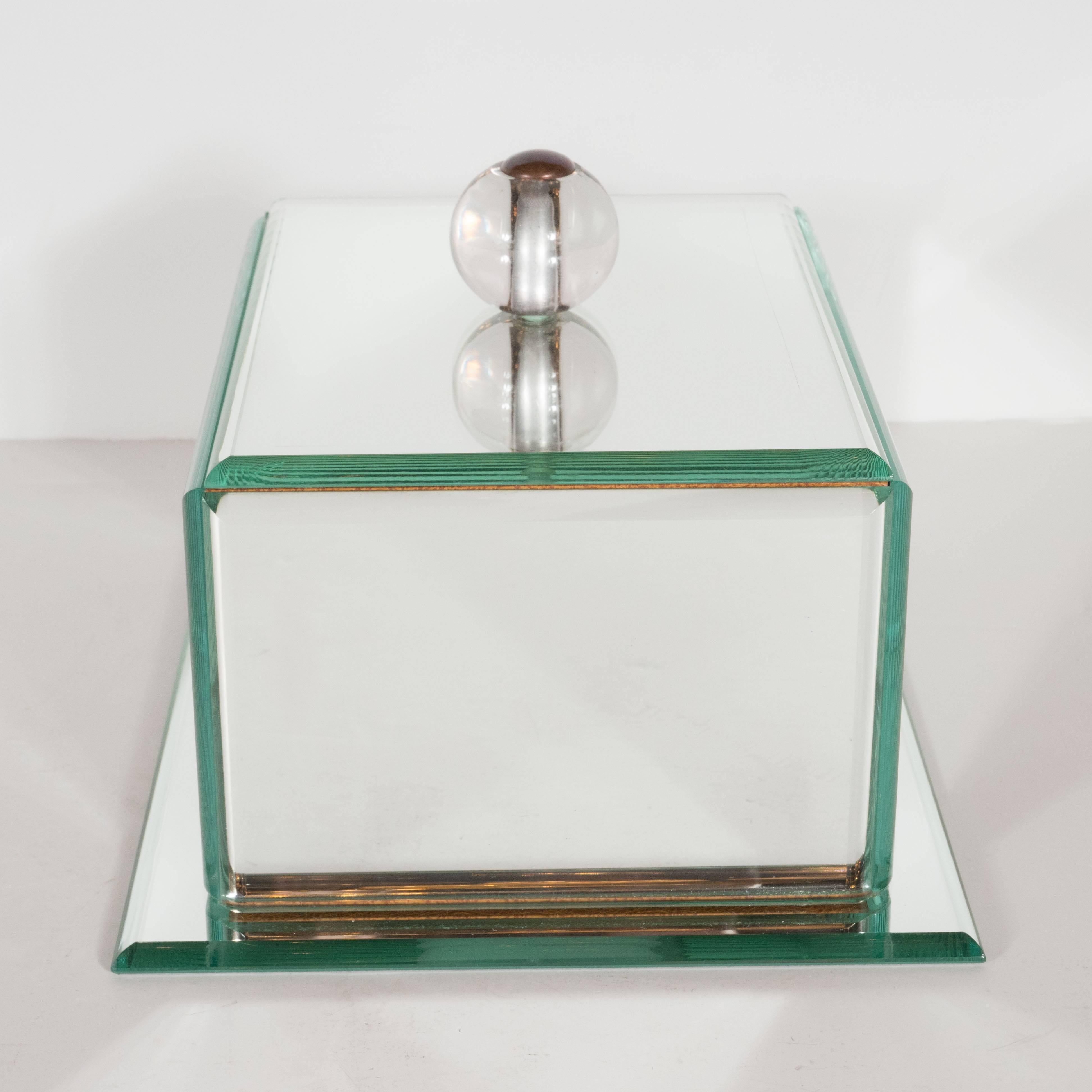 Elegant Art Deco Mirrored Glass Box with Round Beveled Edges and Glass Ball Pull In Excellent Condition In New York, NY