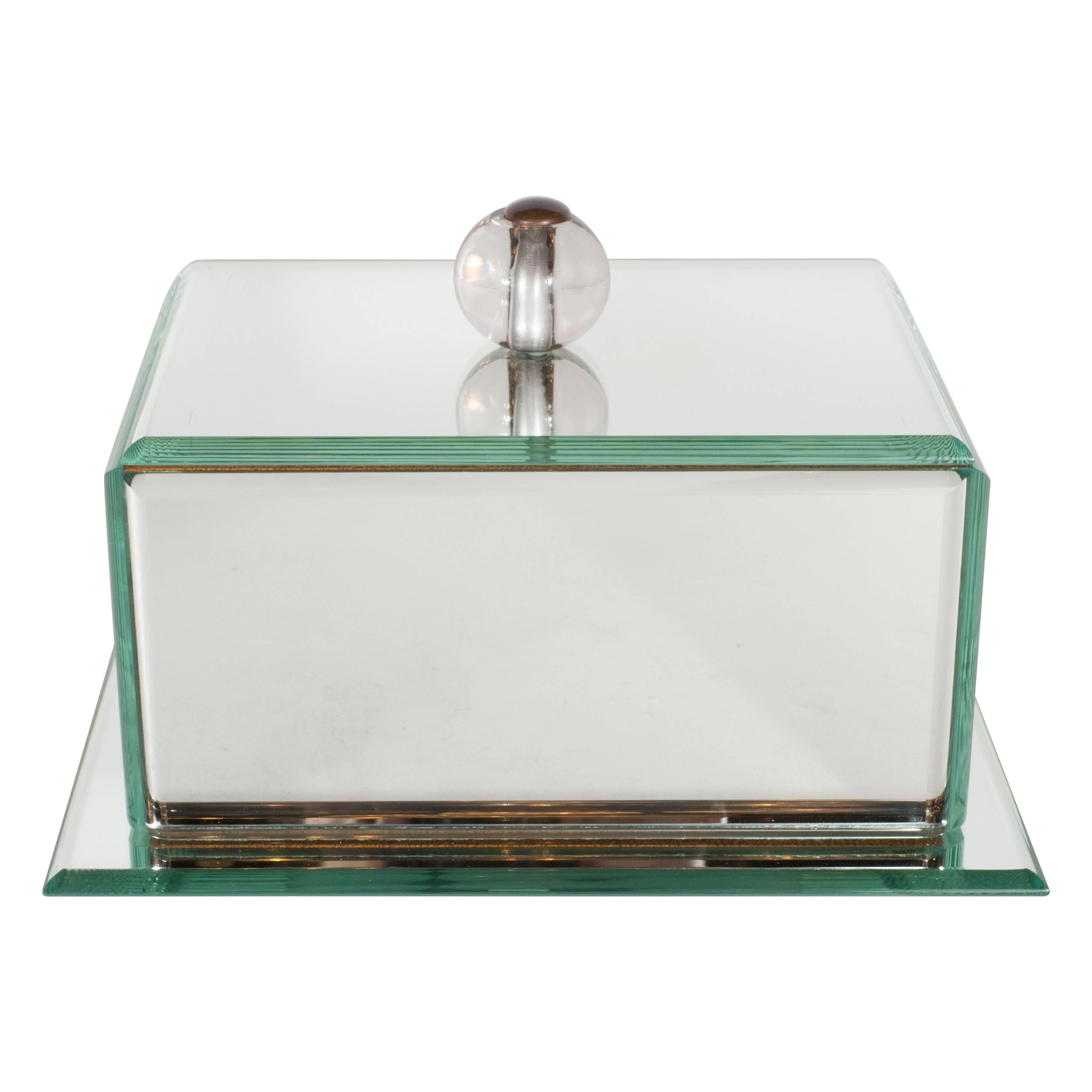 Elegant Art Deco Mirrored Glass Box with Round Beveled Edges and Glass Ball Pull