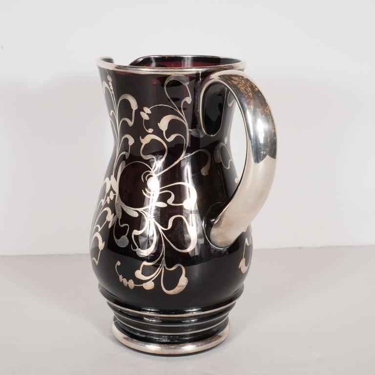 Stunning Art Deco Black Glass Pitcher with Sterling Silver Overlay at