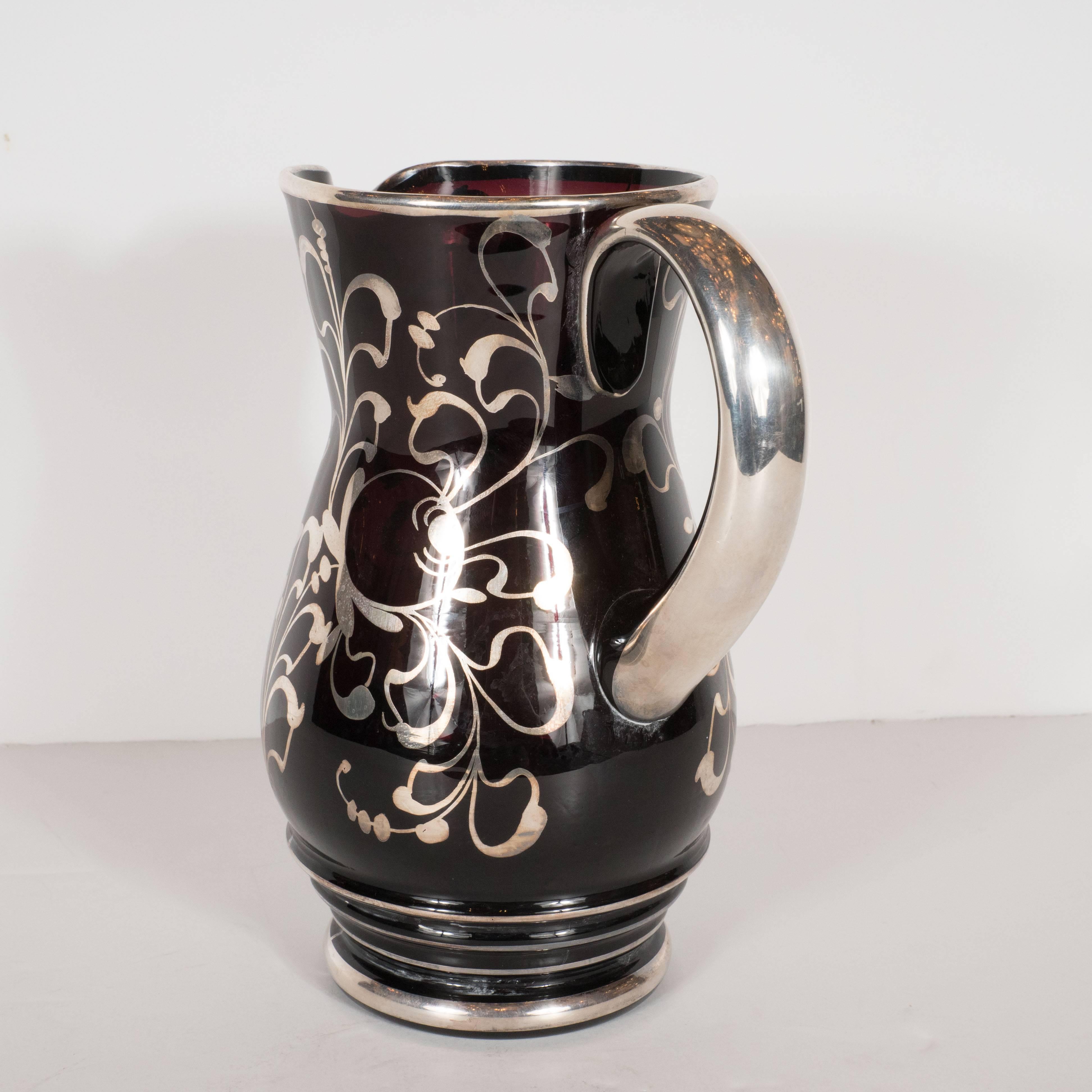 Stunning Art Deco Black Glass Pitcher with Sterling Silver Overlay 1