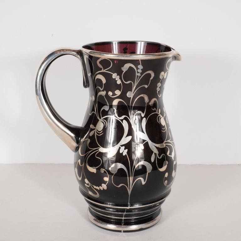 Stunning Art Deco Black Glass Pitcher with Sterling Silver Overlay at