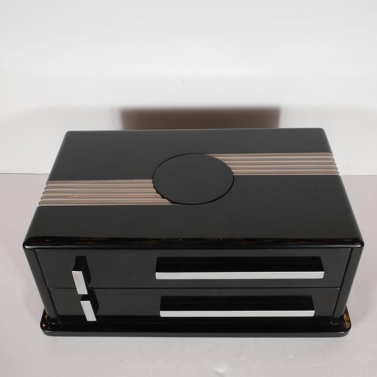 Streamlined Art Deco Jewelry Box in Black Lacquer with White Gold